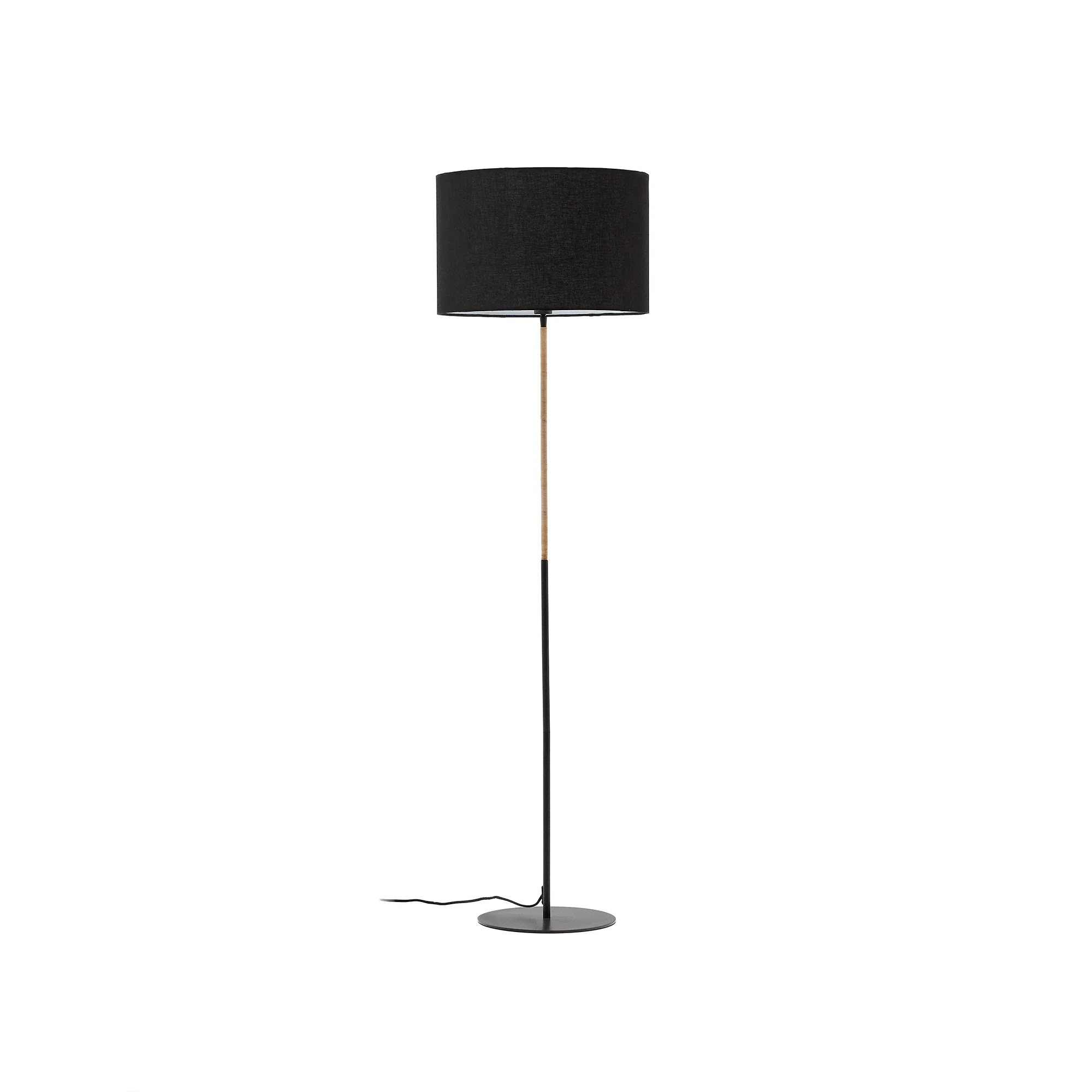 Canar Stehlampe aus Metall und Rattan mit schwarzem Baumwollschirm