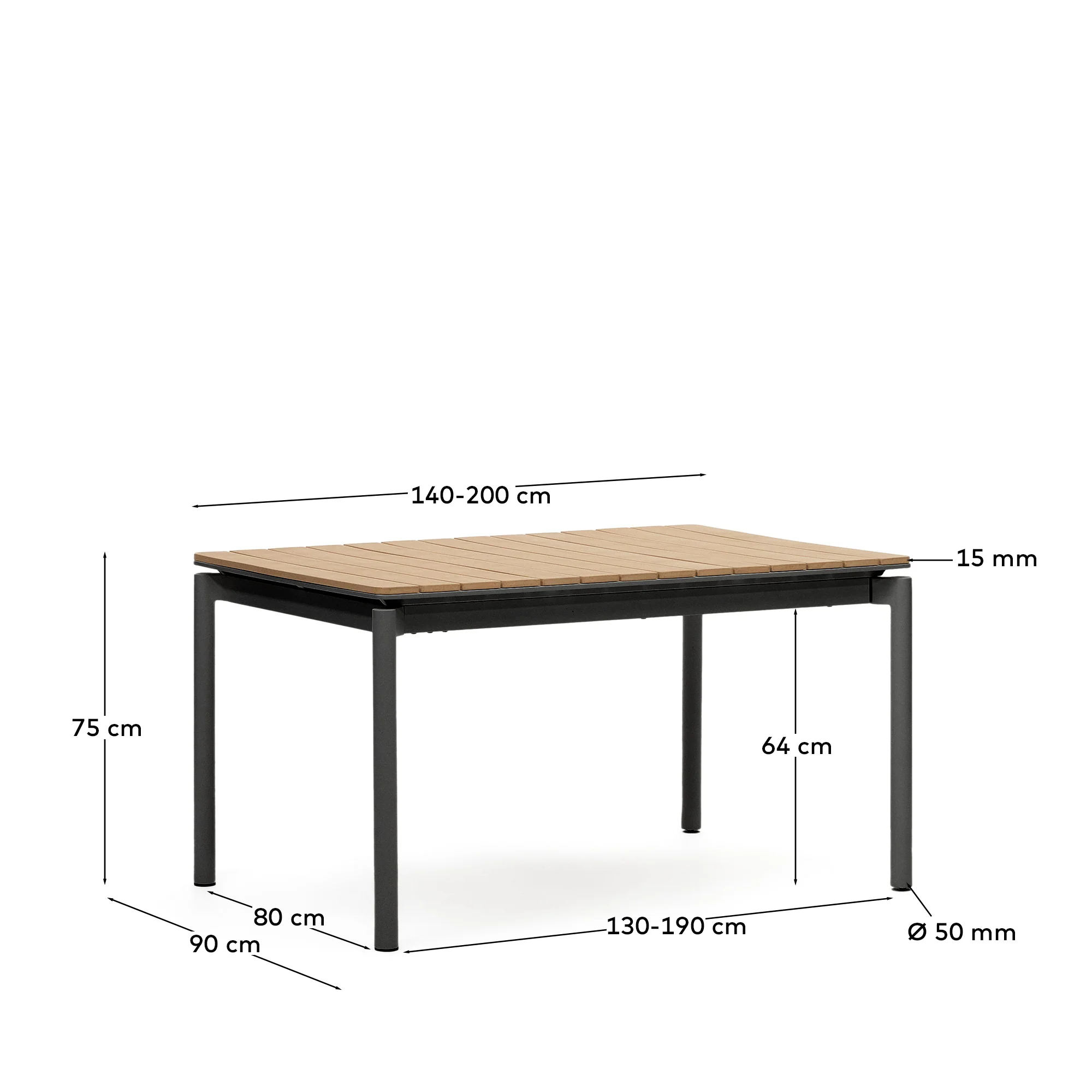 Canyelles Gartenausziehtisch aus Poly-Holz und mattschwarzem Aluminium 140 (200) x 90 cm - Image 4