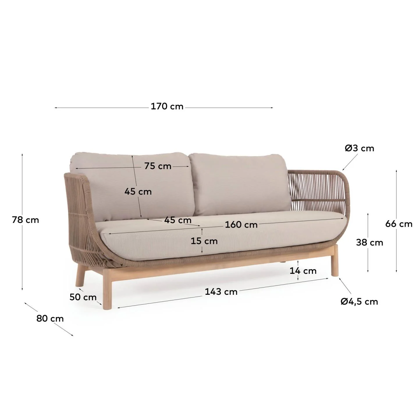 Catalina 3-Sitzer Sofa aus beigem Seil und massivem Akazienholz 170 cm 100% FSC - Image 7