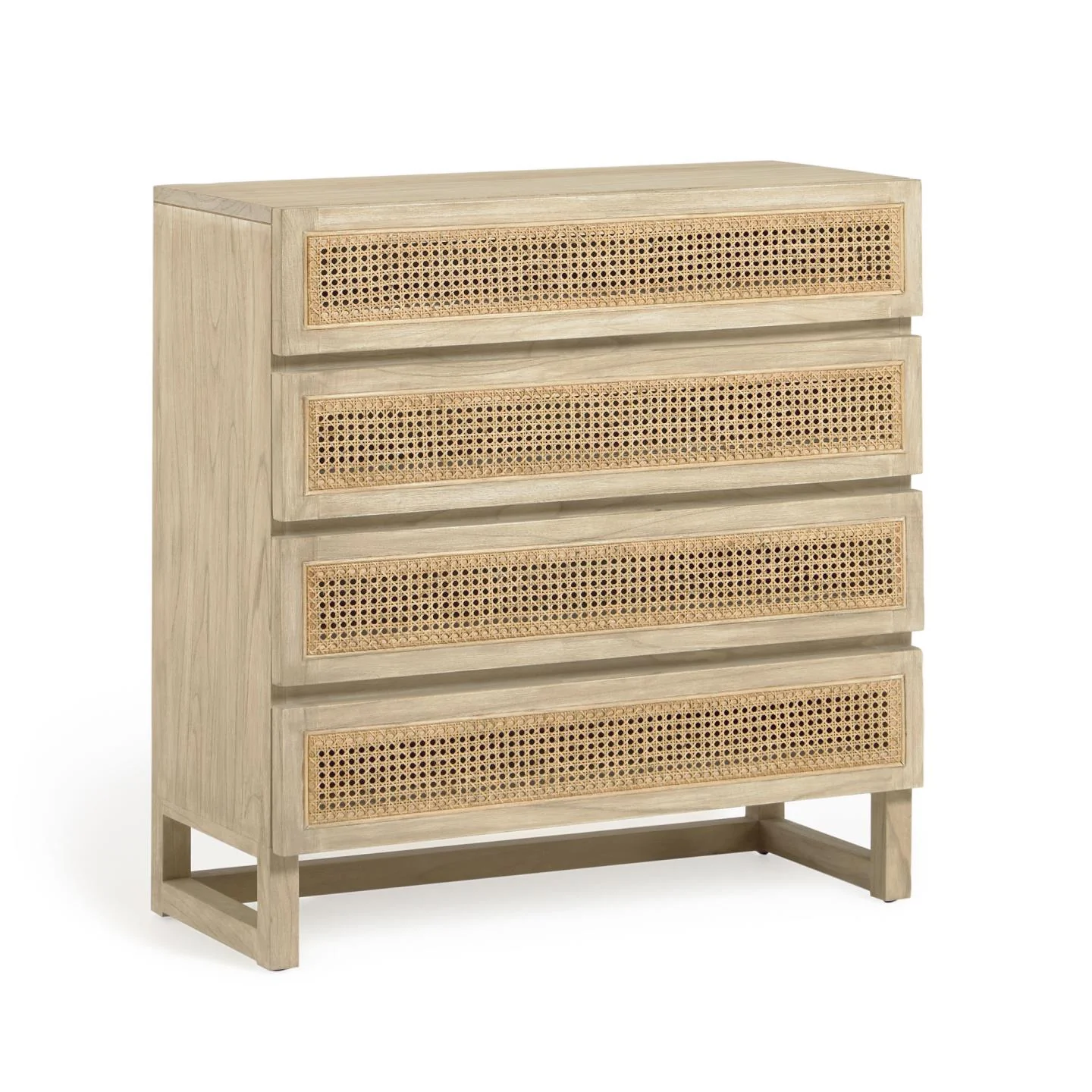 Rexit Kommode mit 4 Schubladen aus massivem Holz und Mindi Furnier mit Rattan 90 x 93 cm