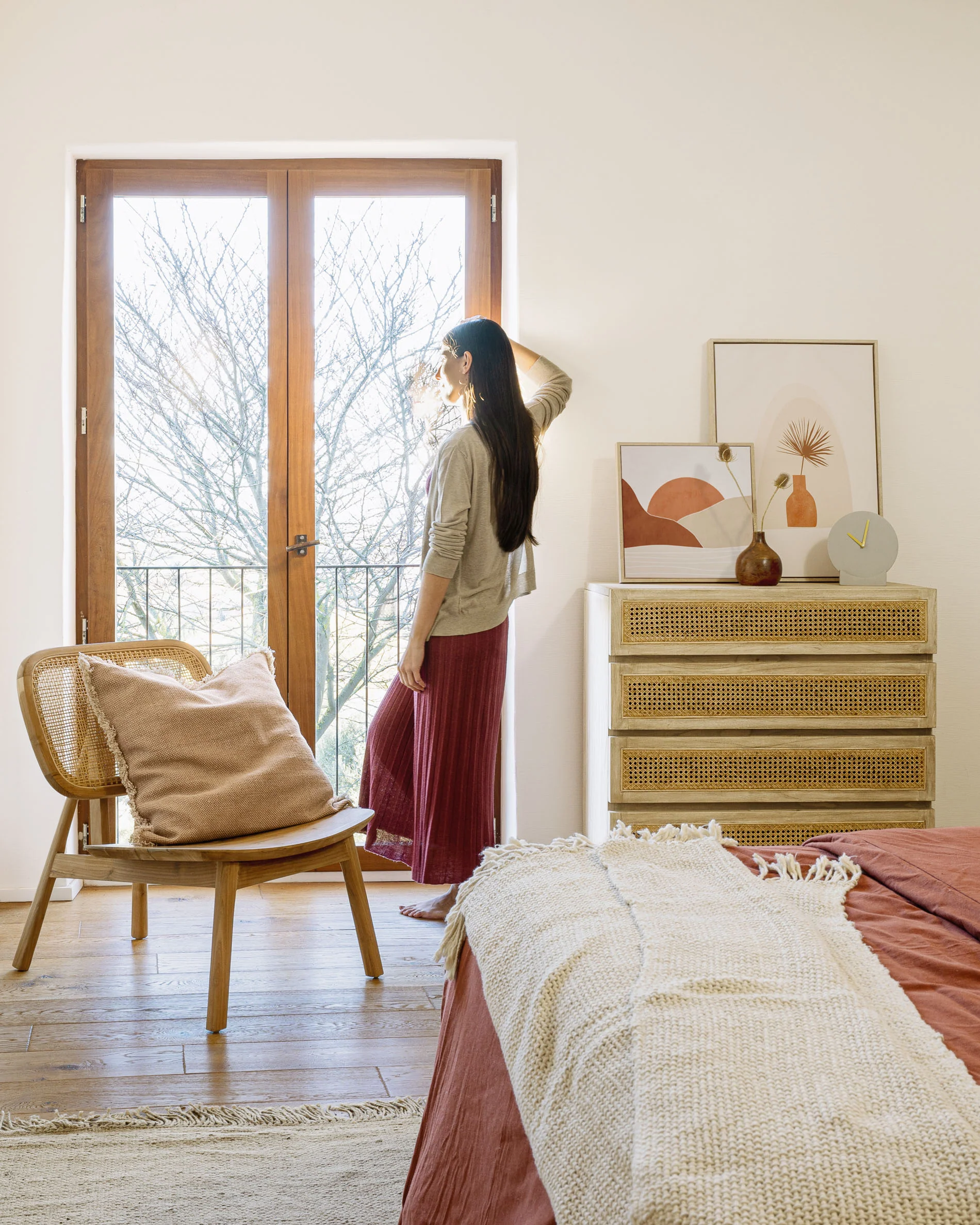 Rexit Kommode mit 4 Schubladen aus massivem Holz und Mindi Furnier mit Rattan 90 x 93 cm - Image 2
