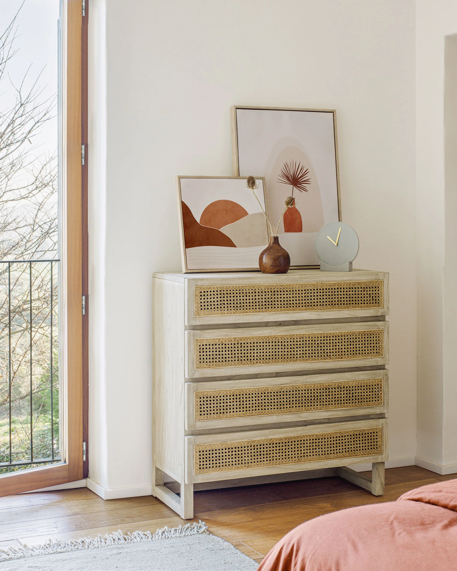 Rexit Kommode mit 4 Schubladen aus massivem Holz und Mindi Furnier mit Rattan 90 x 93 cm - Image 4