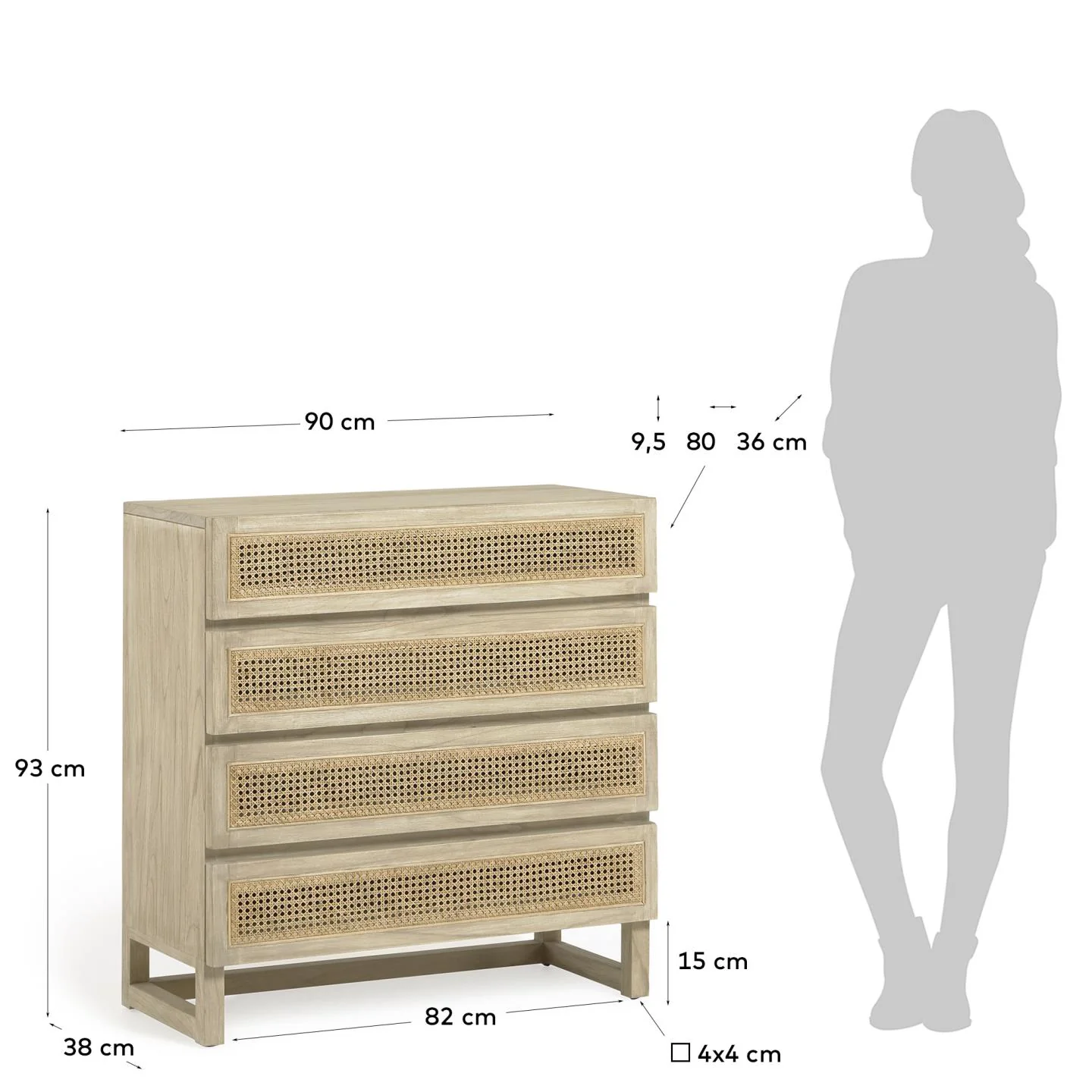 Rexit Kommode mit 4 Schubladen aus massivem Holz und Mindi Furnier mit Rattan 90 x 93 cm - Image 5
