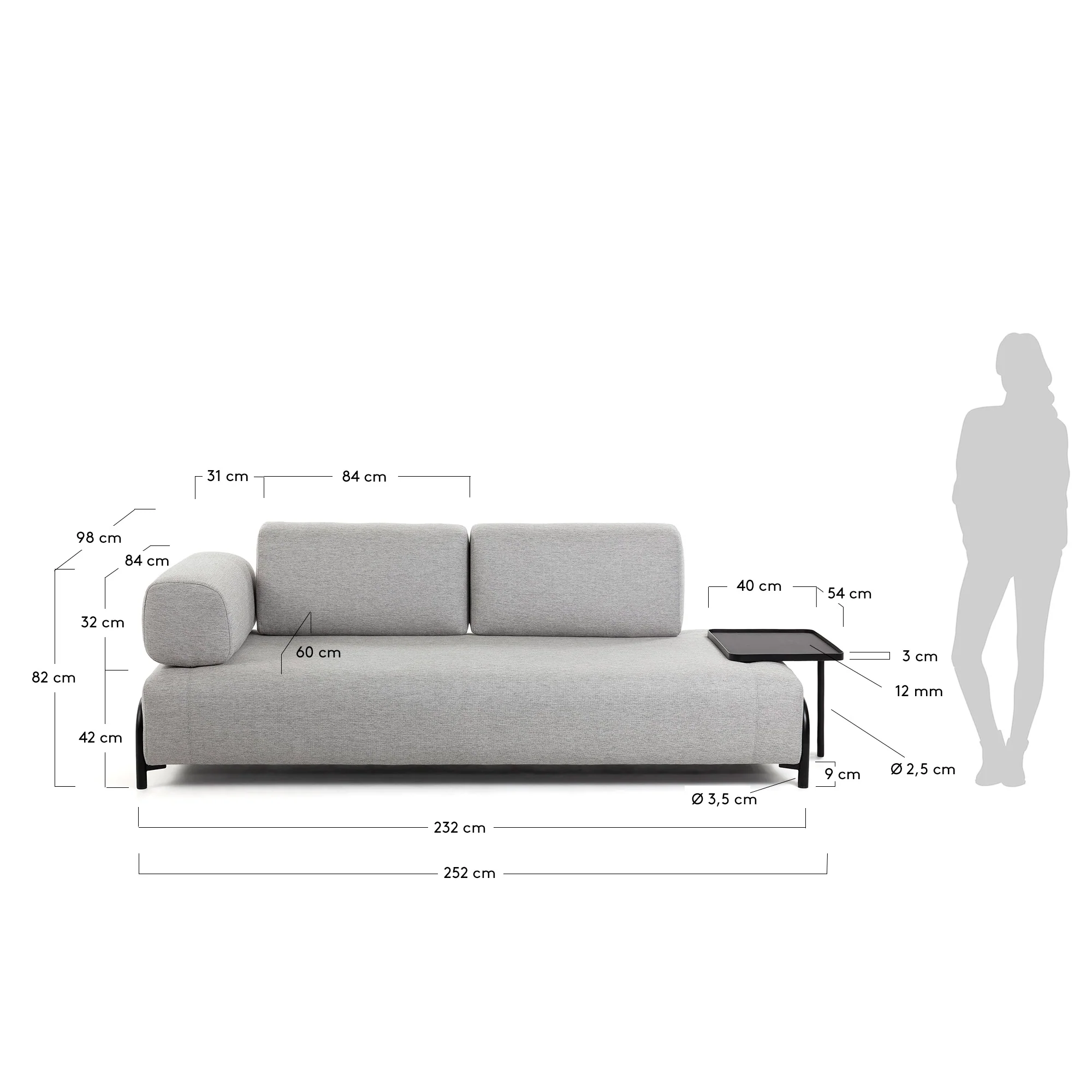 Compo 3-Sitzer Sofa beige mit großem Tablett 252 cm - Image 4