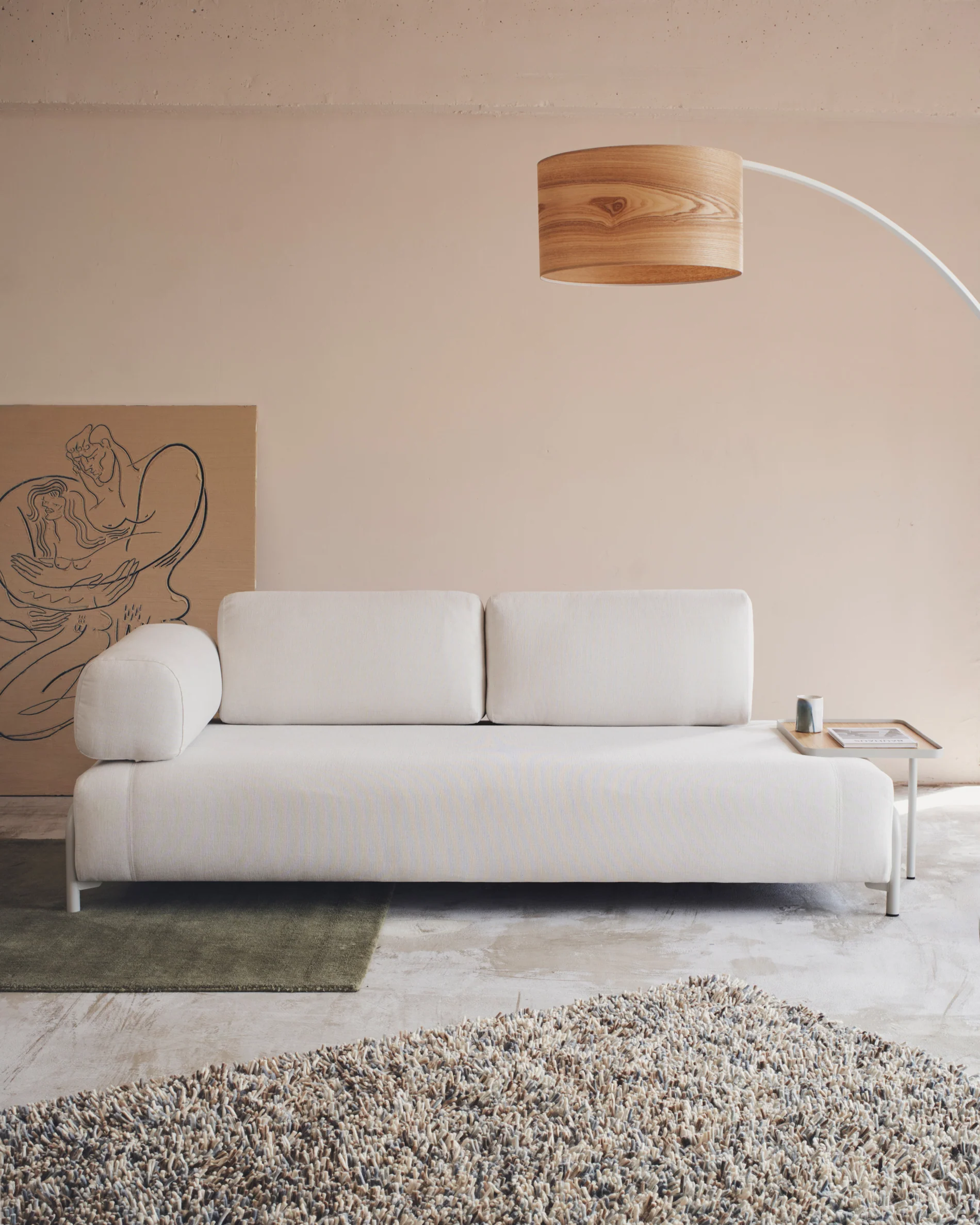 Compo 3-Sitzer-Sofa Chenille Beige, großes Tablett Eichenfurnier Metallgestell Grau 232cm - Image 2