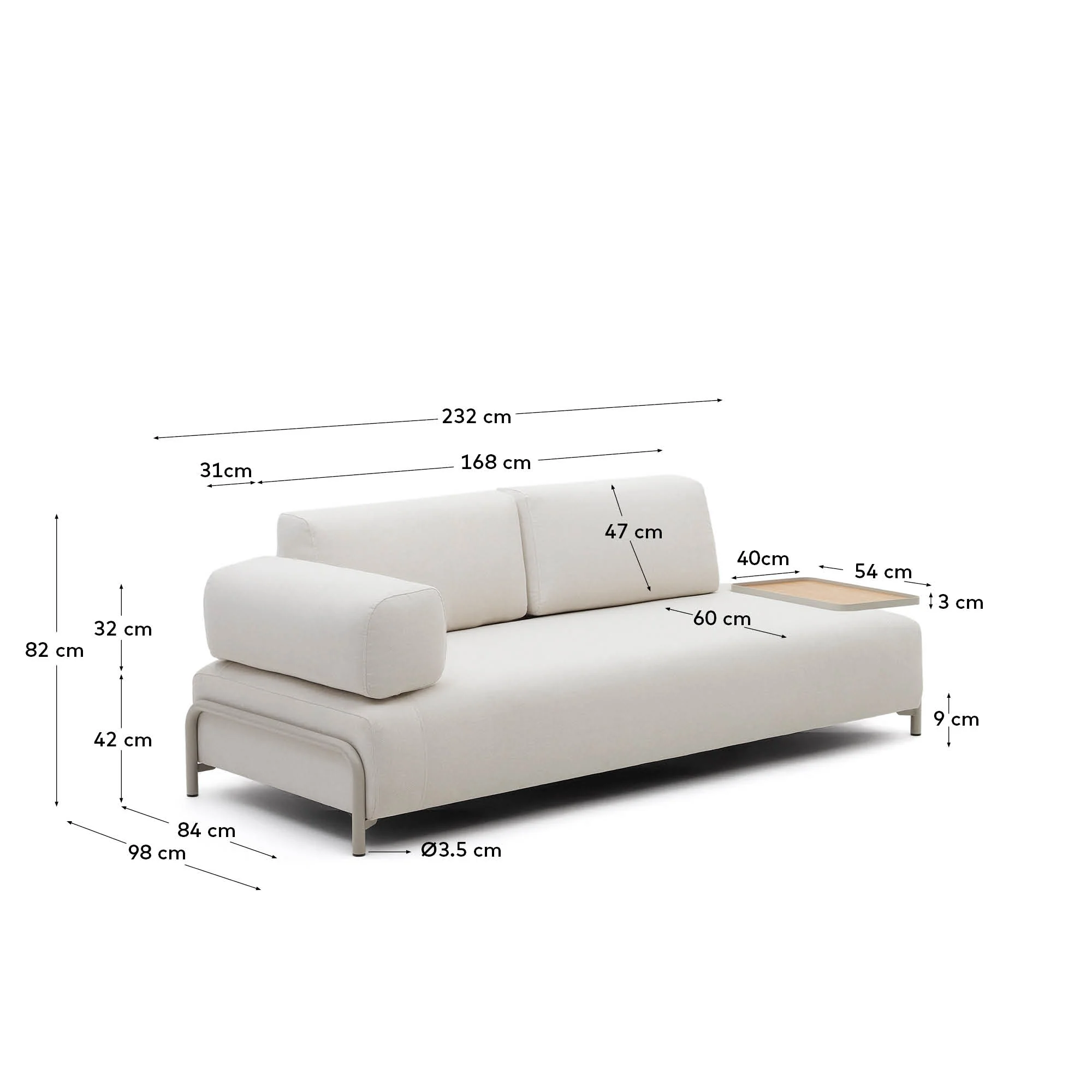 Compo 3-Sitzer-Sofa Chenille Beige, großes Tablett Eichenfurnier Metallgestell Grau 232cm - Image 4