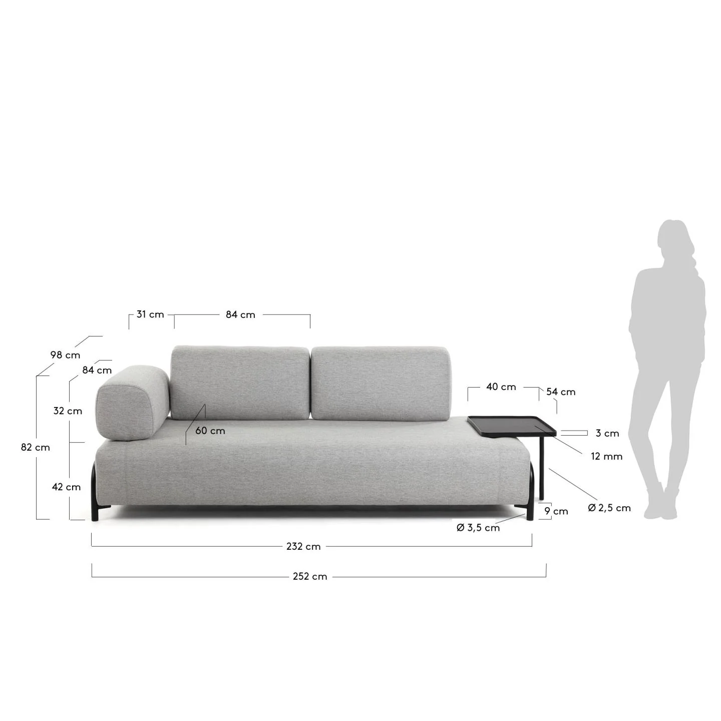 Compo 3-Sitzer Sofa hellgrau mit großem Tablett 252 cm - Image 3