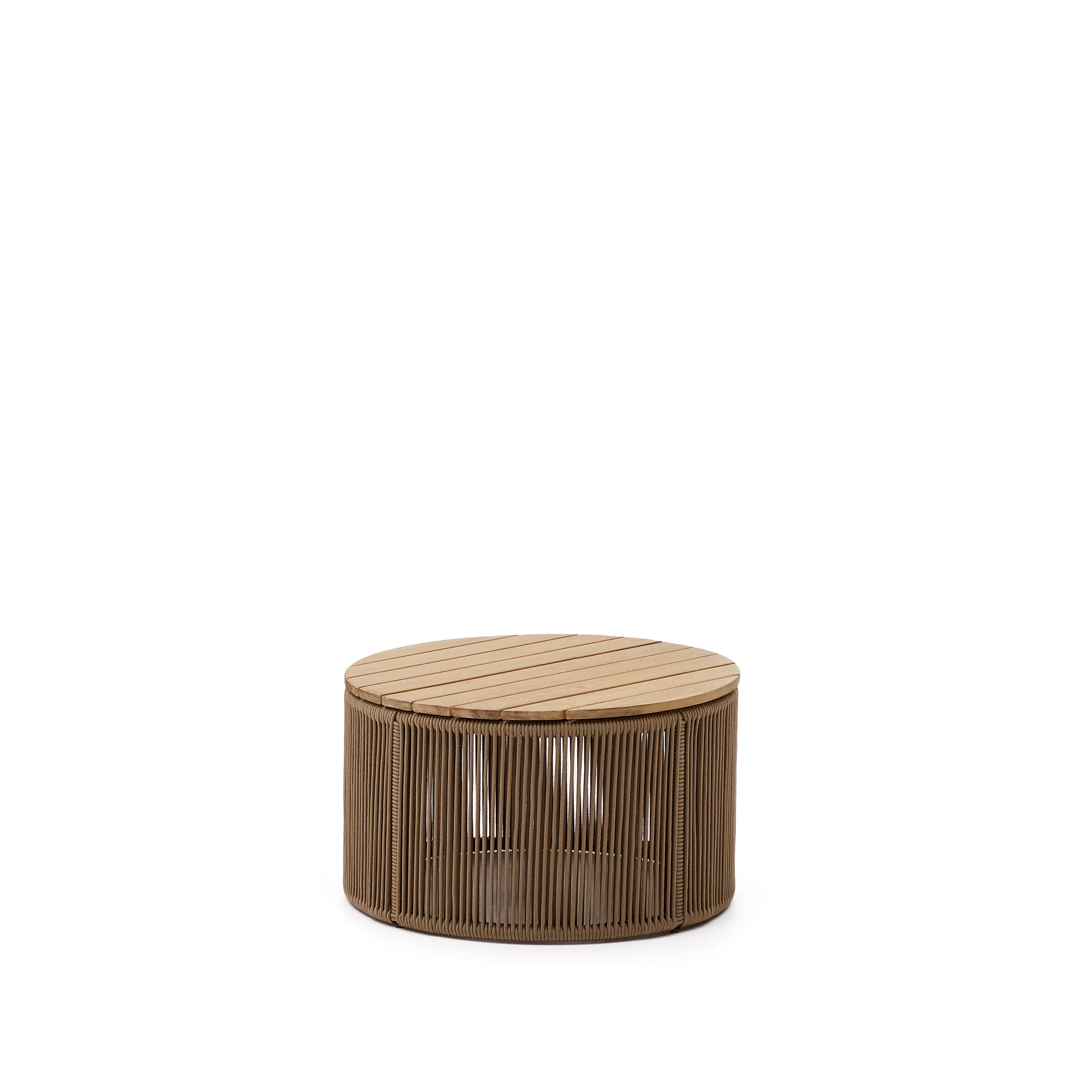 Couchtisch Dandara aus Stahl, beigem Flechtwerk und massivem Akazienholz Ø60 cm FSC 100%