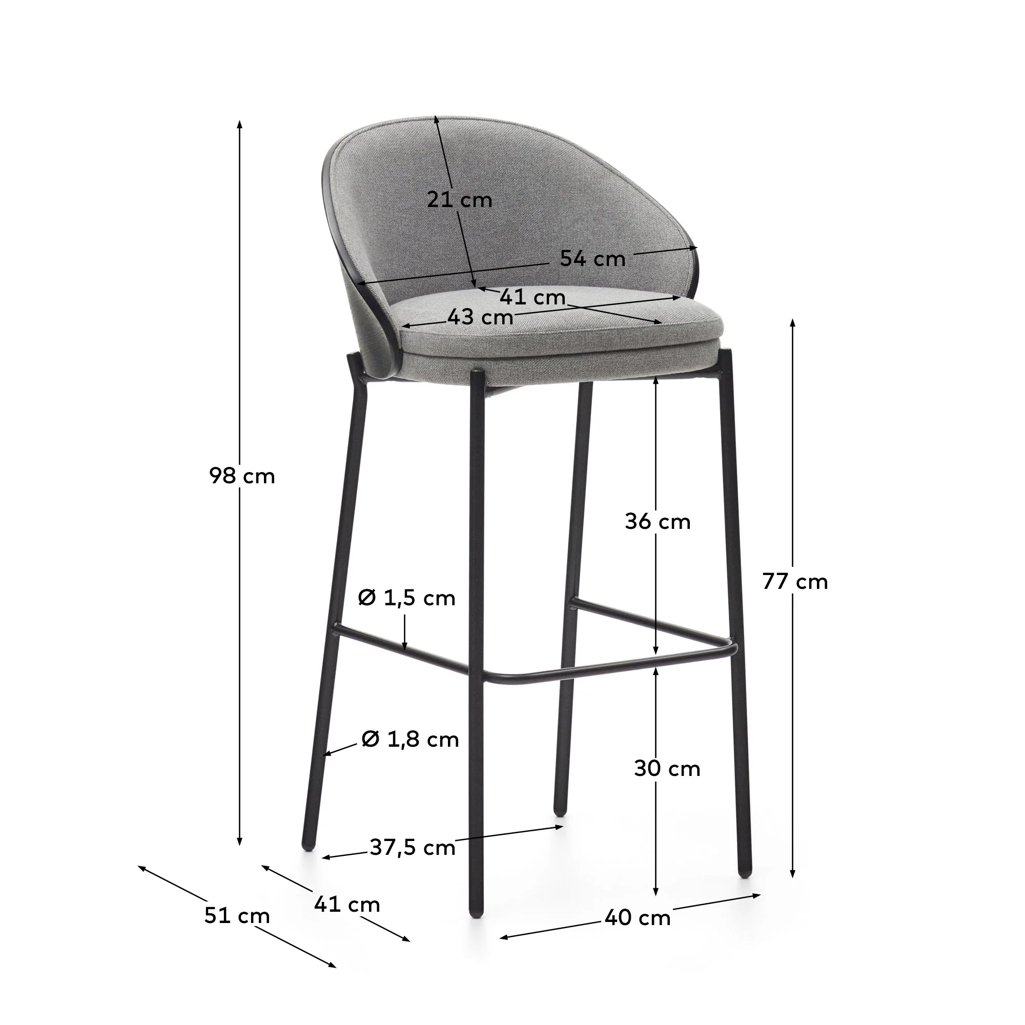 Eamy Hocker hellgrau Eschenfurnier mit schwarzem Finish und Metall in Schwarz Höhe 77 cm - Image 3
