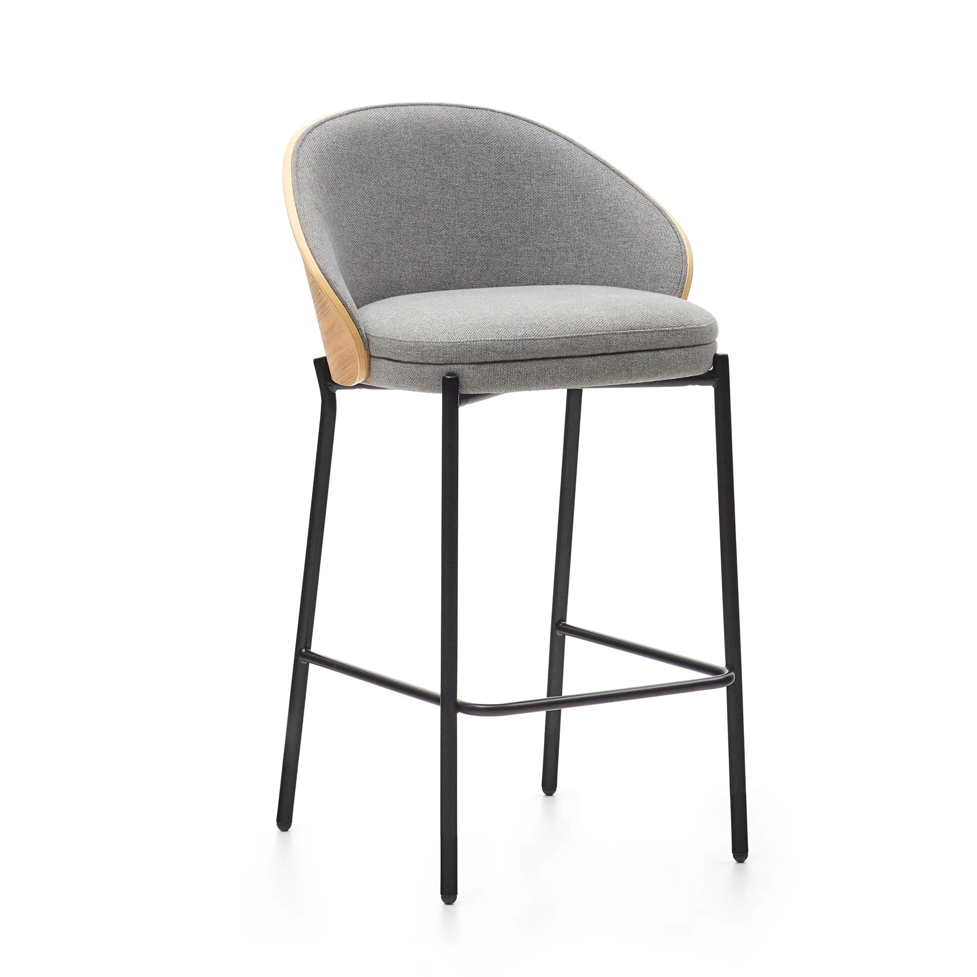 Eamy Hocker hellgraue Chenille Eschenfurnier mit natürlichem Finish und Metall in Schwarz Höhe 65 cm