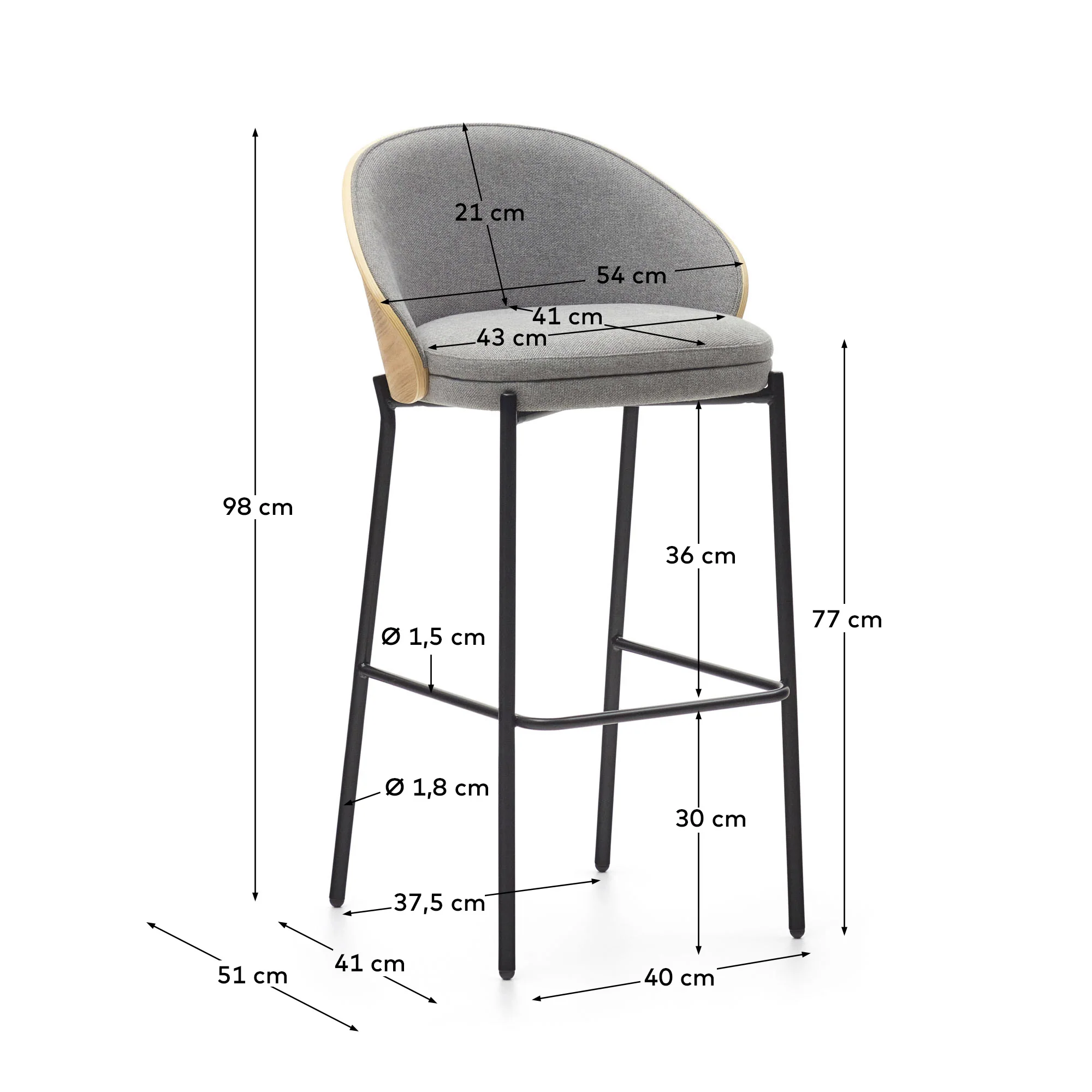 Eamy Hocker hellgrau Eschenfurnier mit natürlichem Finish und Metall in Schwarz Höhe 77 cm - Image 3