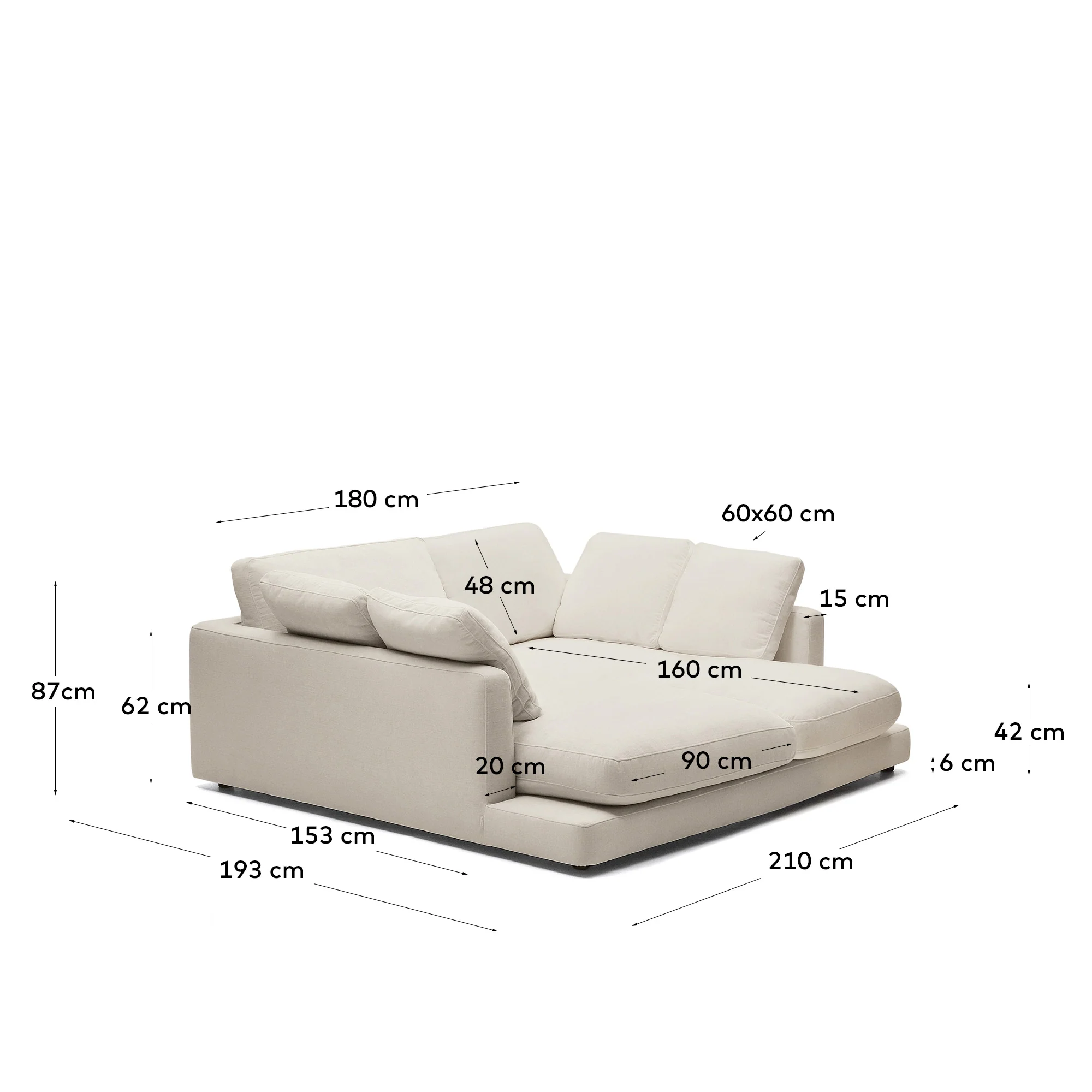 Gala 3-Sitzer Sofa mit doppelter Chaiselongue beige 210 cm - Image 7