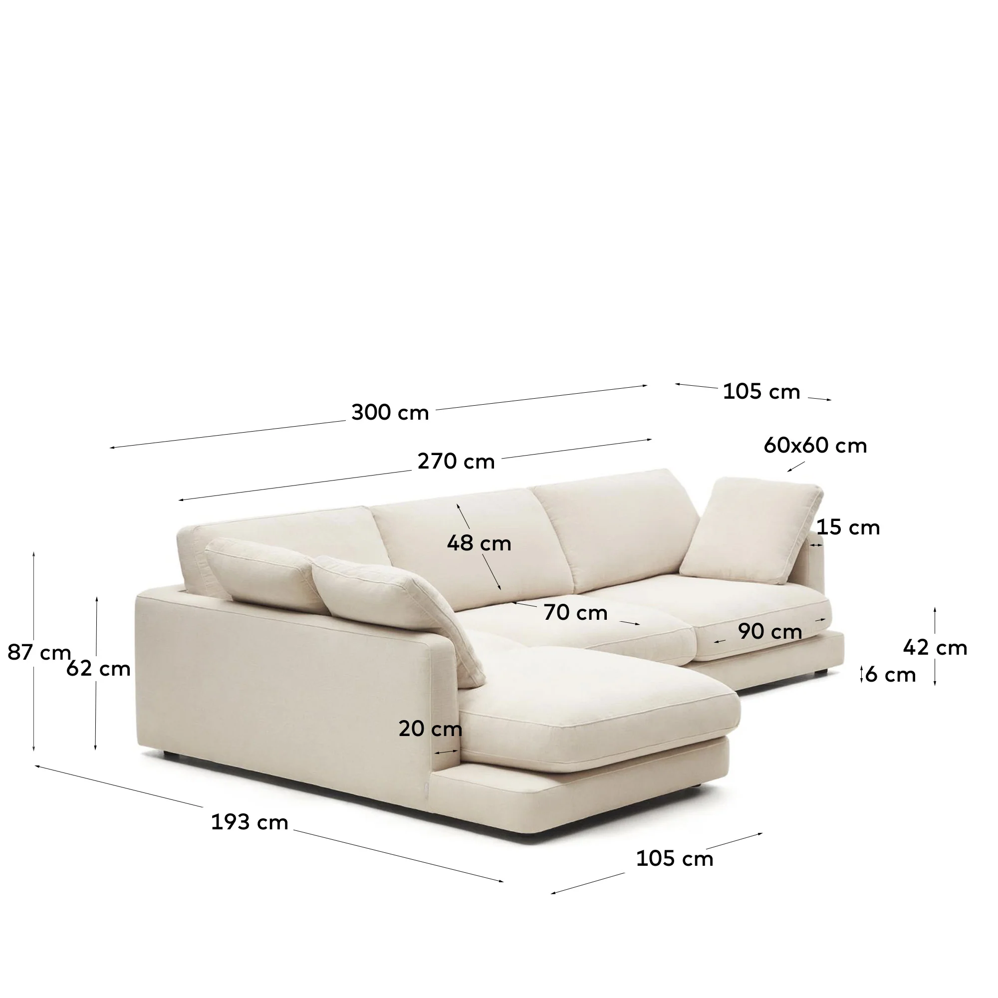 Gala 4-Sitzer-Sofa mit Chaiselongue links beige 300 cm - Image 9