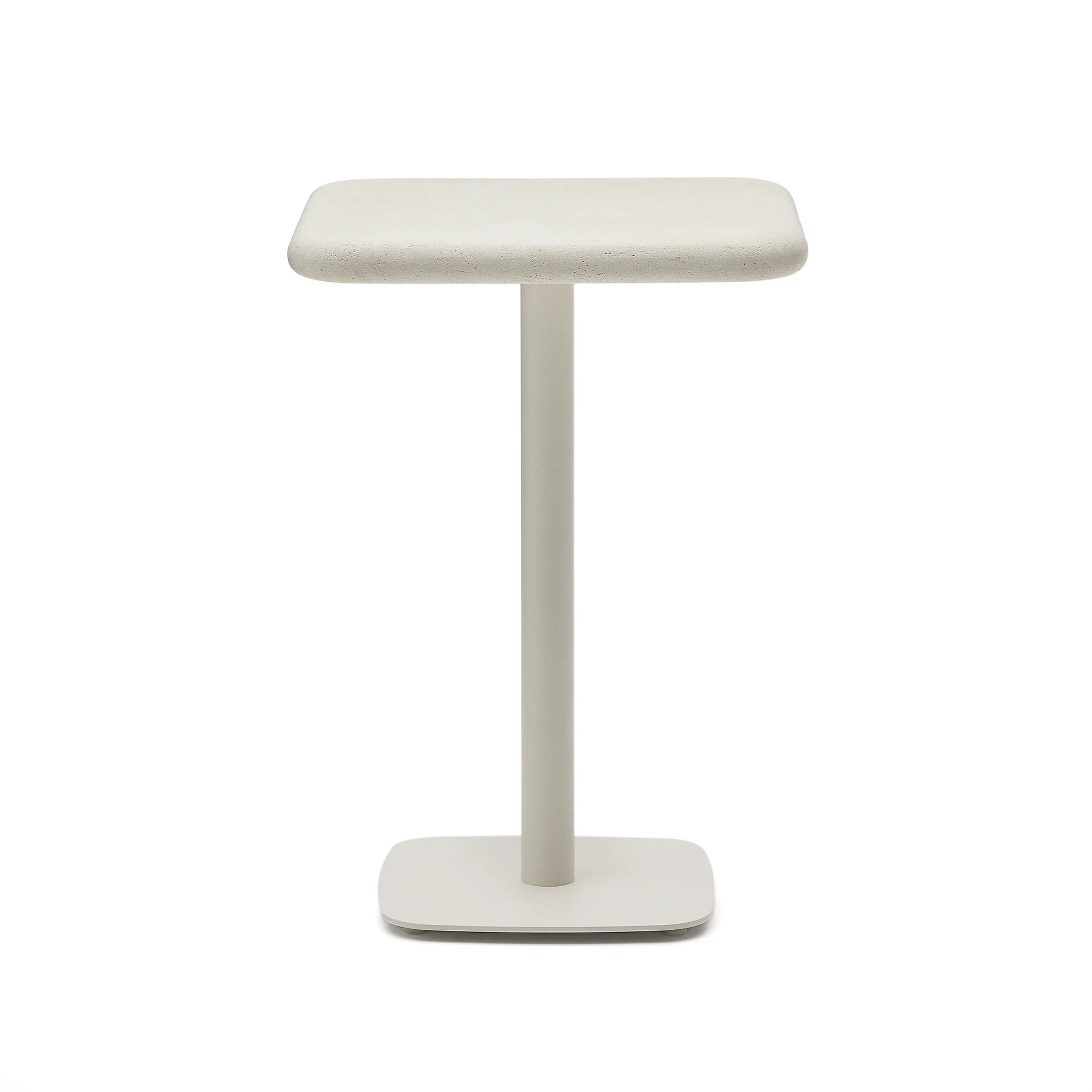 Hoher Outdoor-Tisch Dina mit weißer Zementplatte 70 x 70 cm und weißem Stahlfuß 48 x 48 x 96 cm