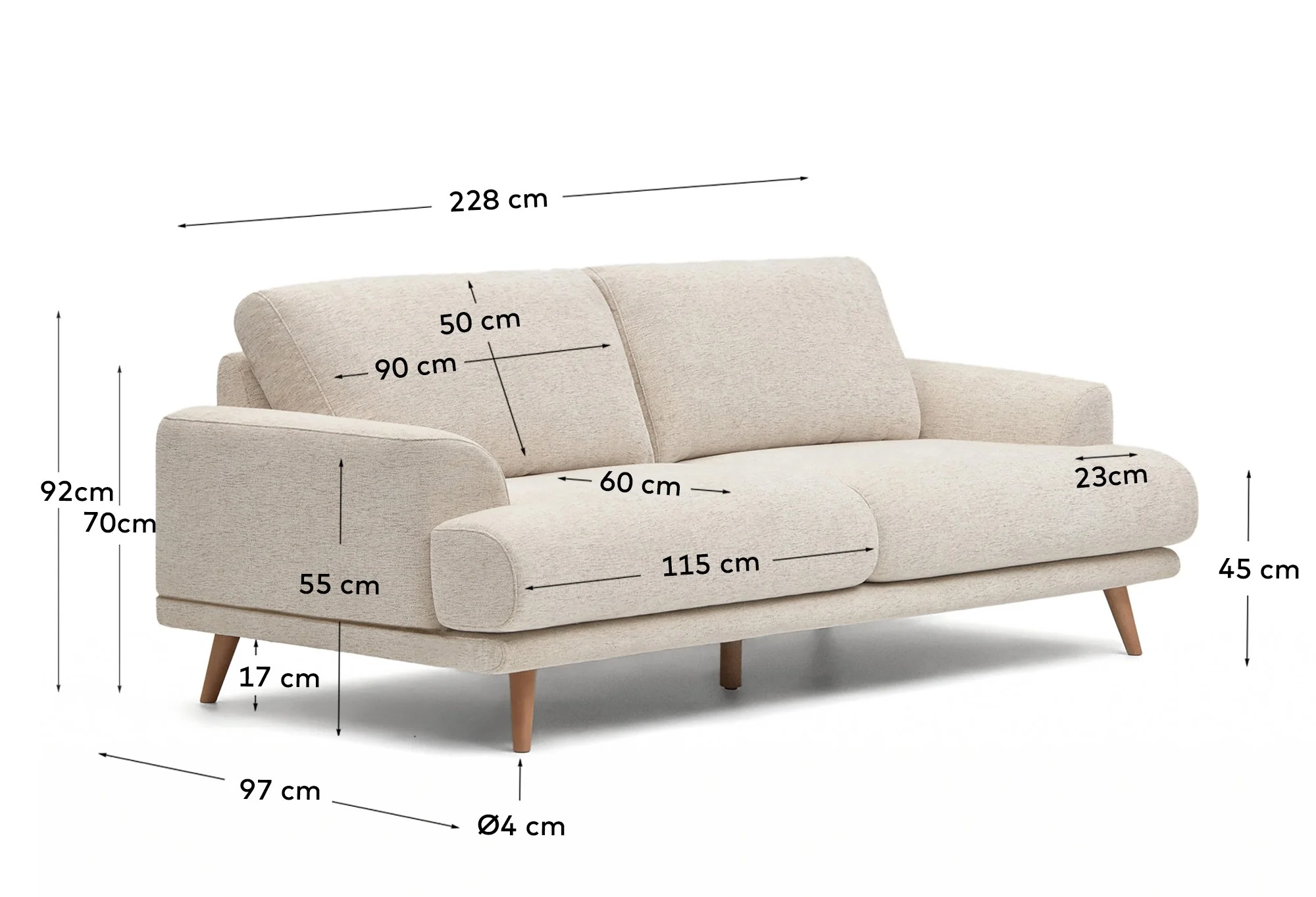 Karin 3-Sitzer-Sofa weiß und Beine aus massiver Buche 231 cm - Image 3