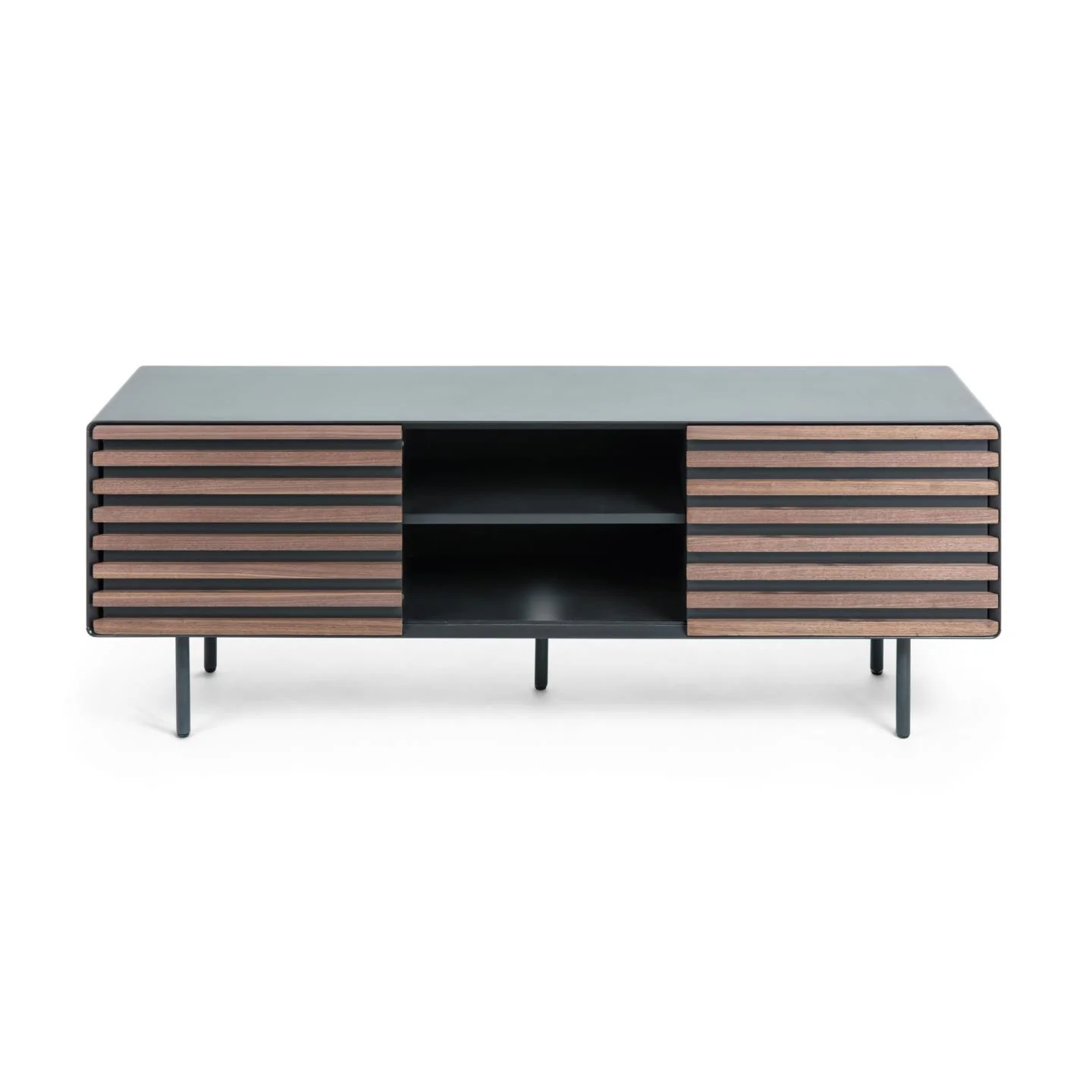Kesia TV-Schrank 2 Türen Nussholzfurnier schwarze Lackierung Stahl in Schwarz 162 x 58 cm - Image 3