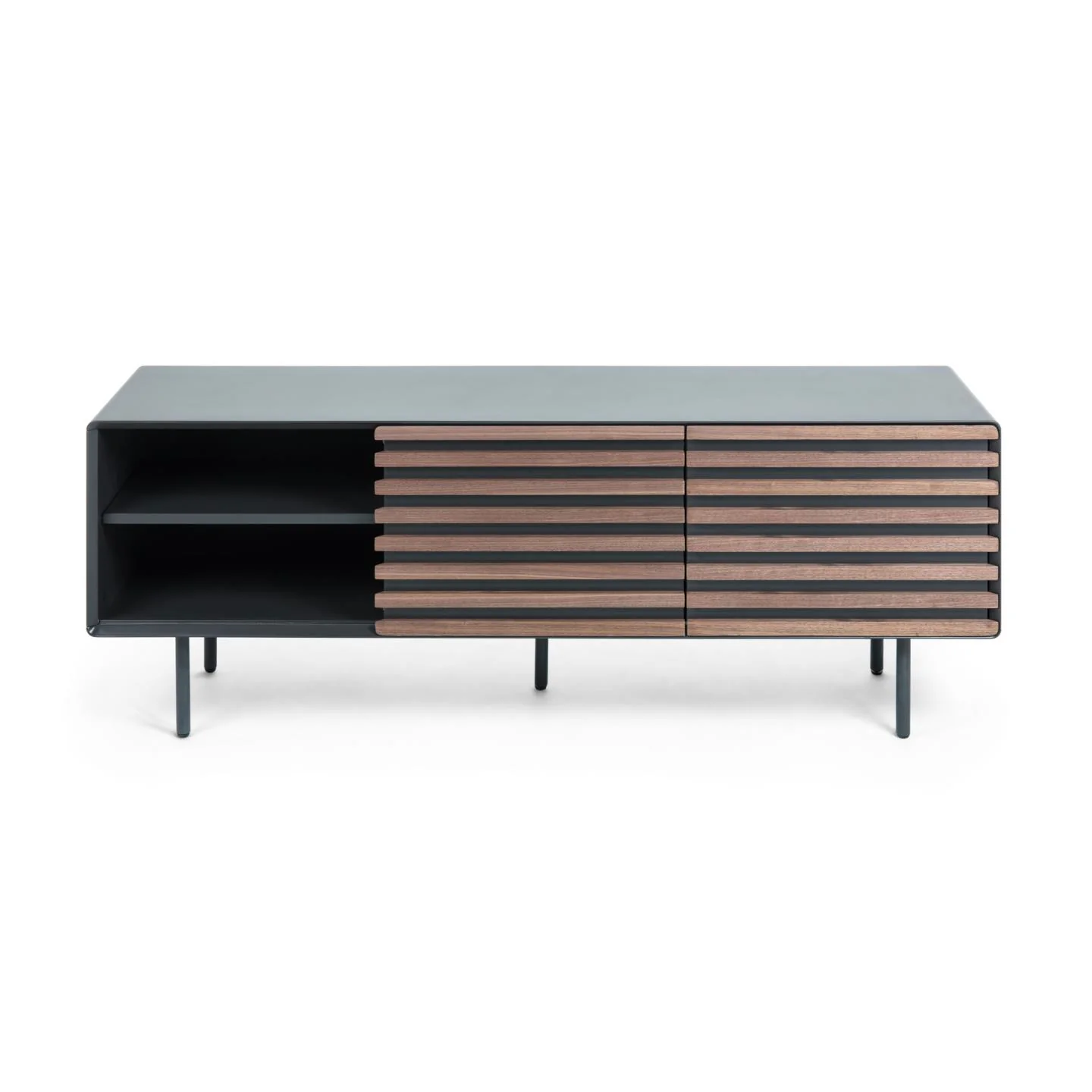 Kesia TV-Schrank 2 Türen Nussholzfurnier schwarze Lackierung Stahl in Schwarz 162 x 58 cm - Image 4