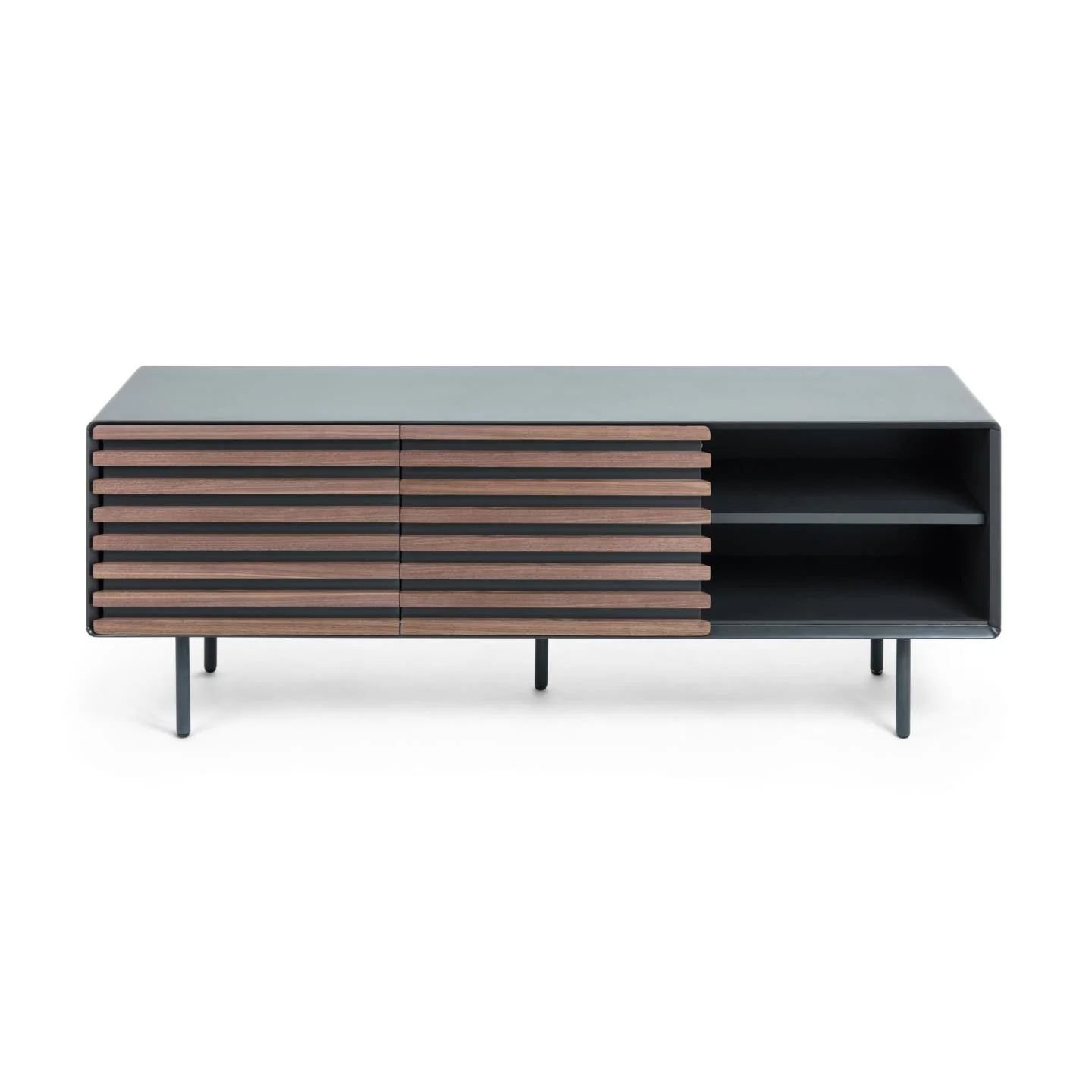 Kesia TV-Schrank 2 Türen Nussholzfurnier schwarze Lackierung Stahl in Schwarz 162 x 58 cm - Image 5
