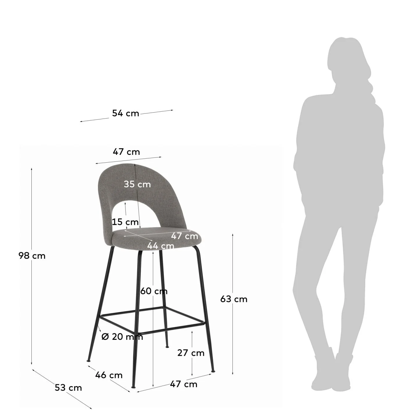Mahalia Barhocker hellgrau und Stahl mit schwarzem Finish Höhe 63 cm - Image 8