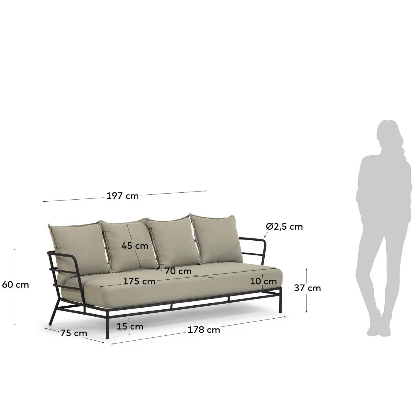 Mareluz 3-Sitzersofa aus schwarzem Stahl 197 cm - Image 5