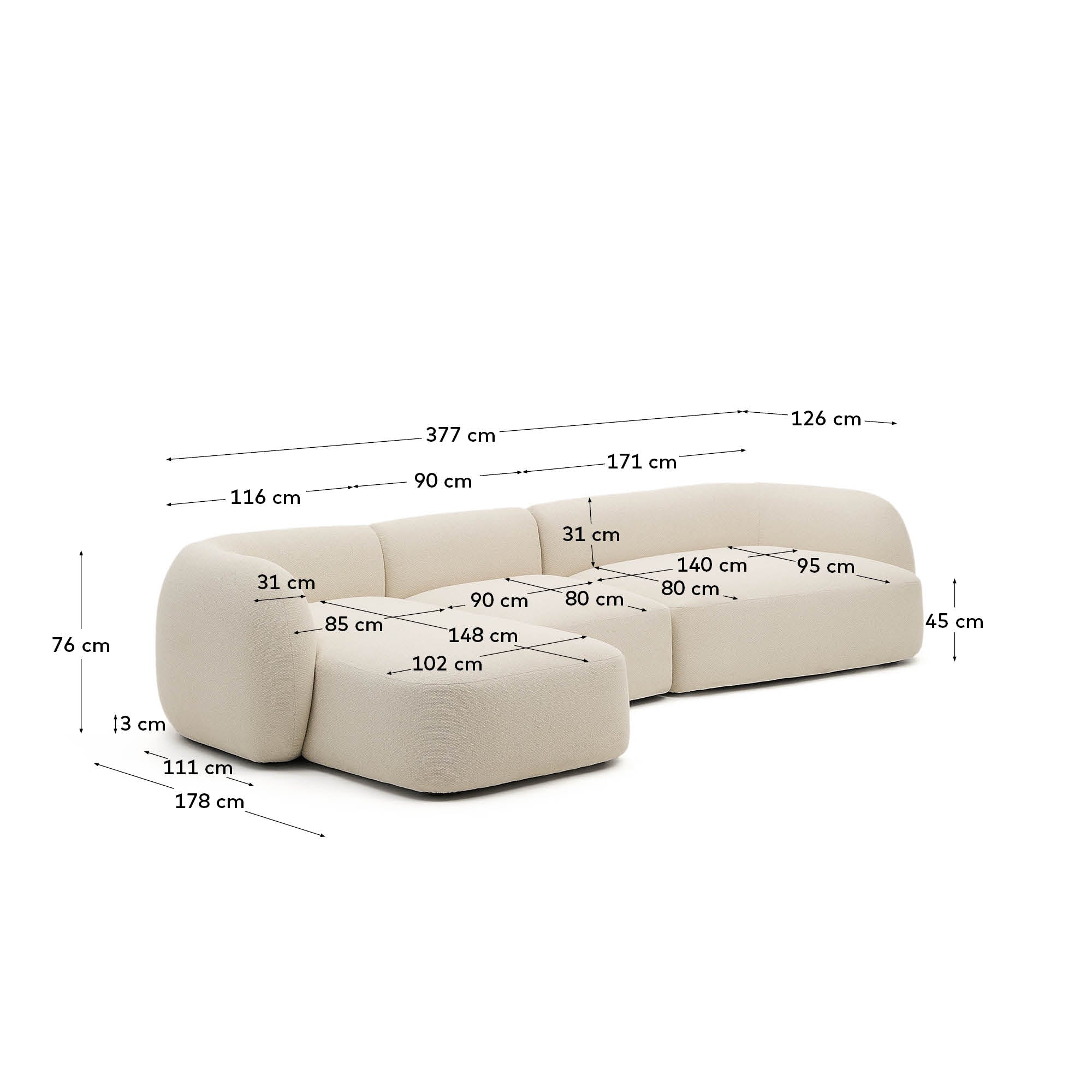 Martina modulares 4-Sitzer-Sofa in Chenille mit Chaiselongue links in Ecru 377 cm - Image 13