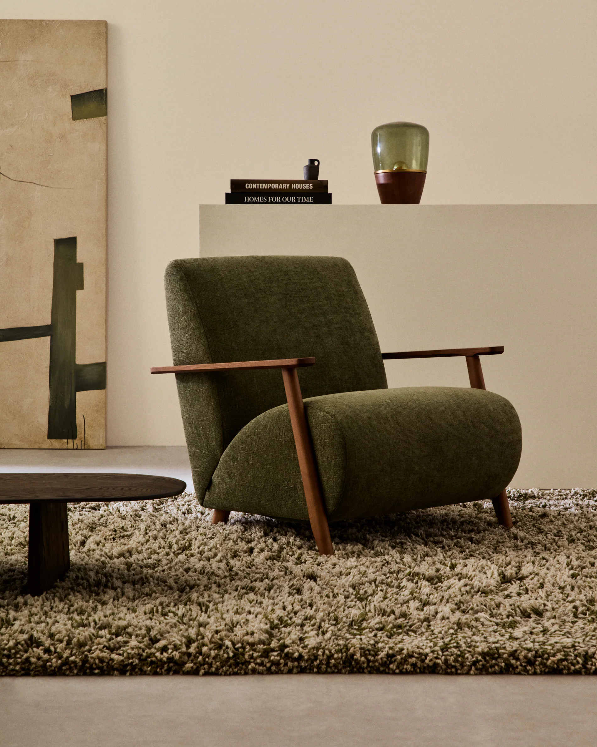 Meghan Sessel grüner Chenille und massives Eschenholz mit Nussholzfinish FSC Mix Credit
