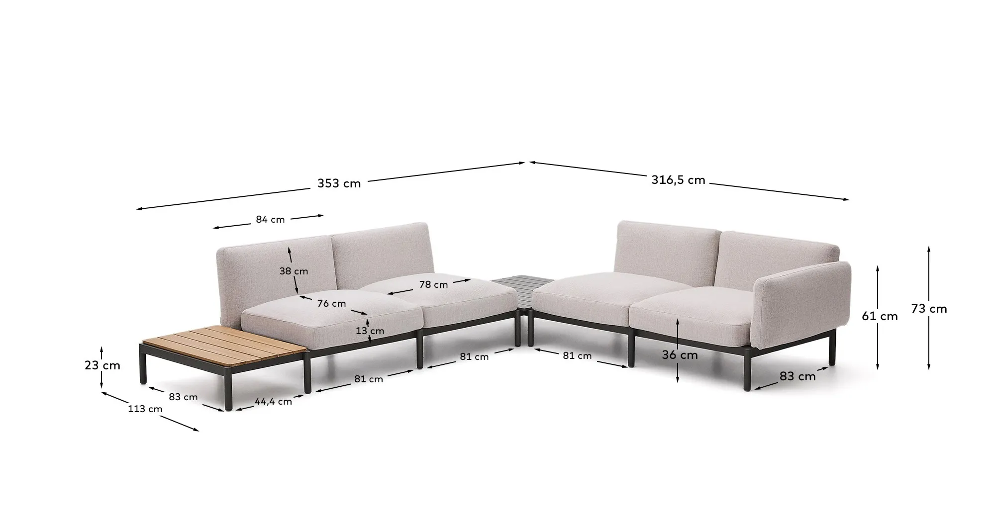 Modulares Outdoor-Ecksofa Sorells mit 4 Sitzplätzen mit beigefarbener Polsterung und grauem Aluminium, mit Tisch aus Teakholz, 353 x 316,5 cm, FSC 100 % - Image 9