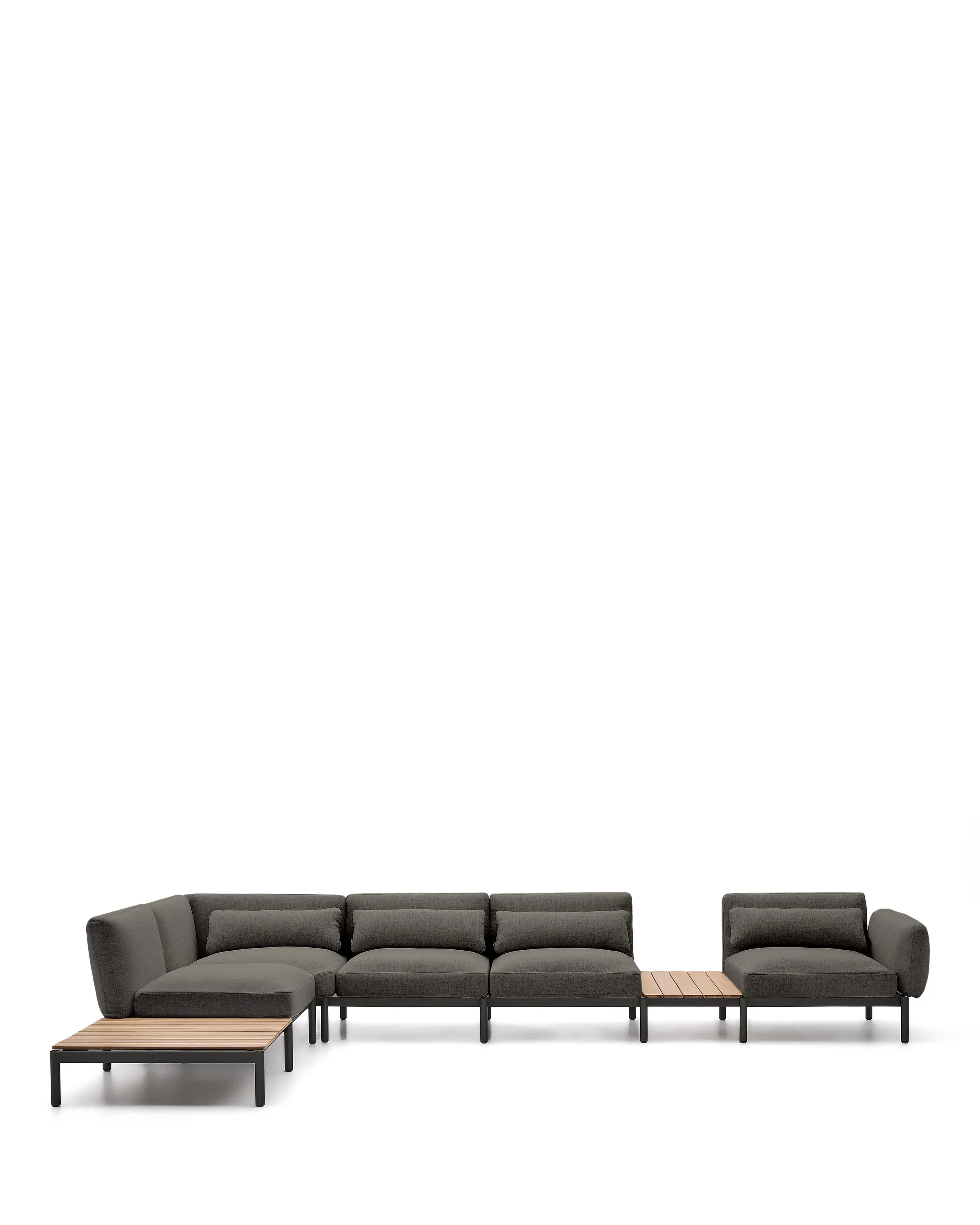 Modulares Outdoor-Ecksofa Sorells mit 5 Sitzplätzen mit grauer Polsterung und grauem Aluminium, mit Tischen aus Teakholz, 277 x 446 cm, FSC 100 % - Image 2