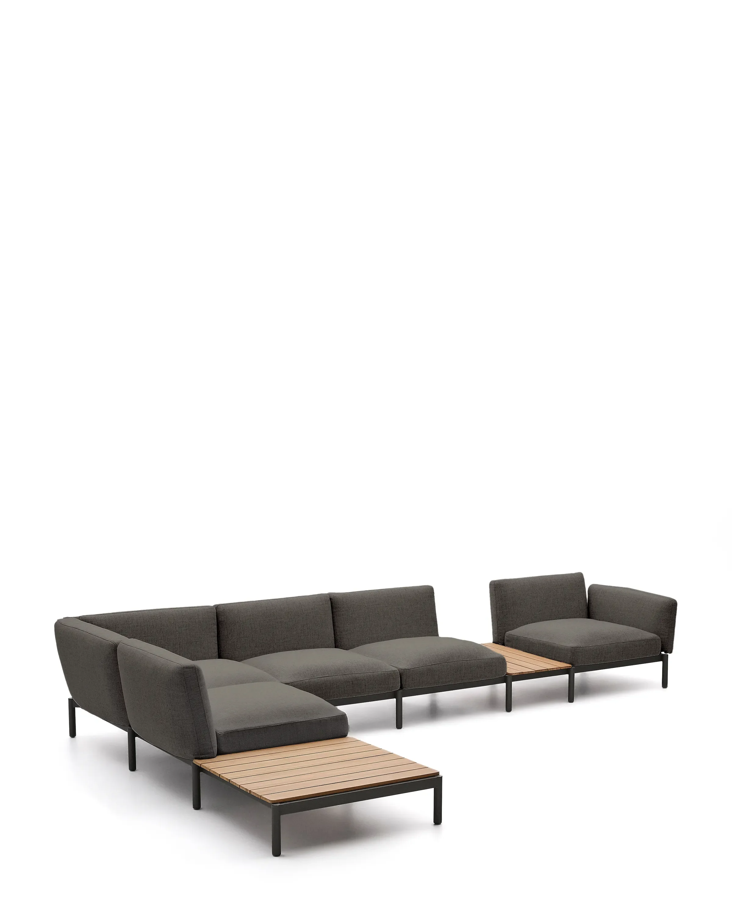 Modulares Outdoor-Ecksofa Sorells mit 5 Sitzplätzen mit grauer Polsterung und grauem Aluminium, mit Tischen aus Teakholz, 277 x 446 cm, FSC 100 % - Image 8
