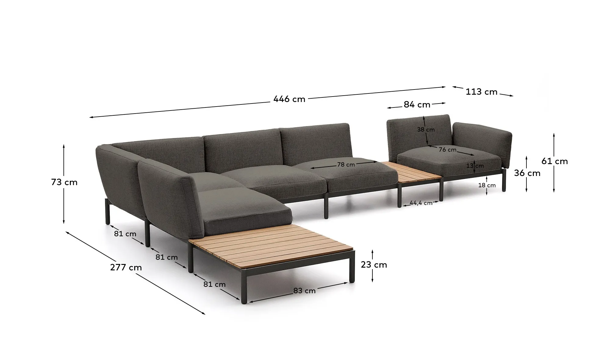 Modulares Outdoor-Ecksofa Sorells mit 5 Sitzplätzen mit grauer Polsterung und grauem Aluminium, mit Tischen aus Teakholz, 277 x 446 cm, FSC 100 % - Image 9