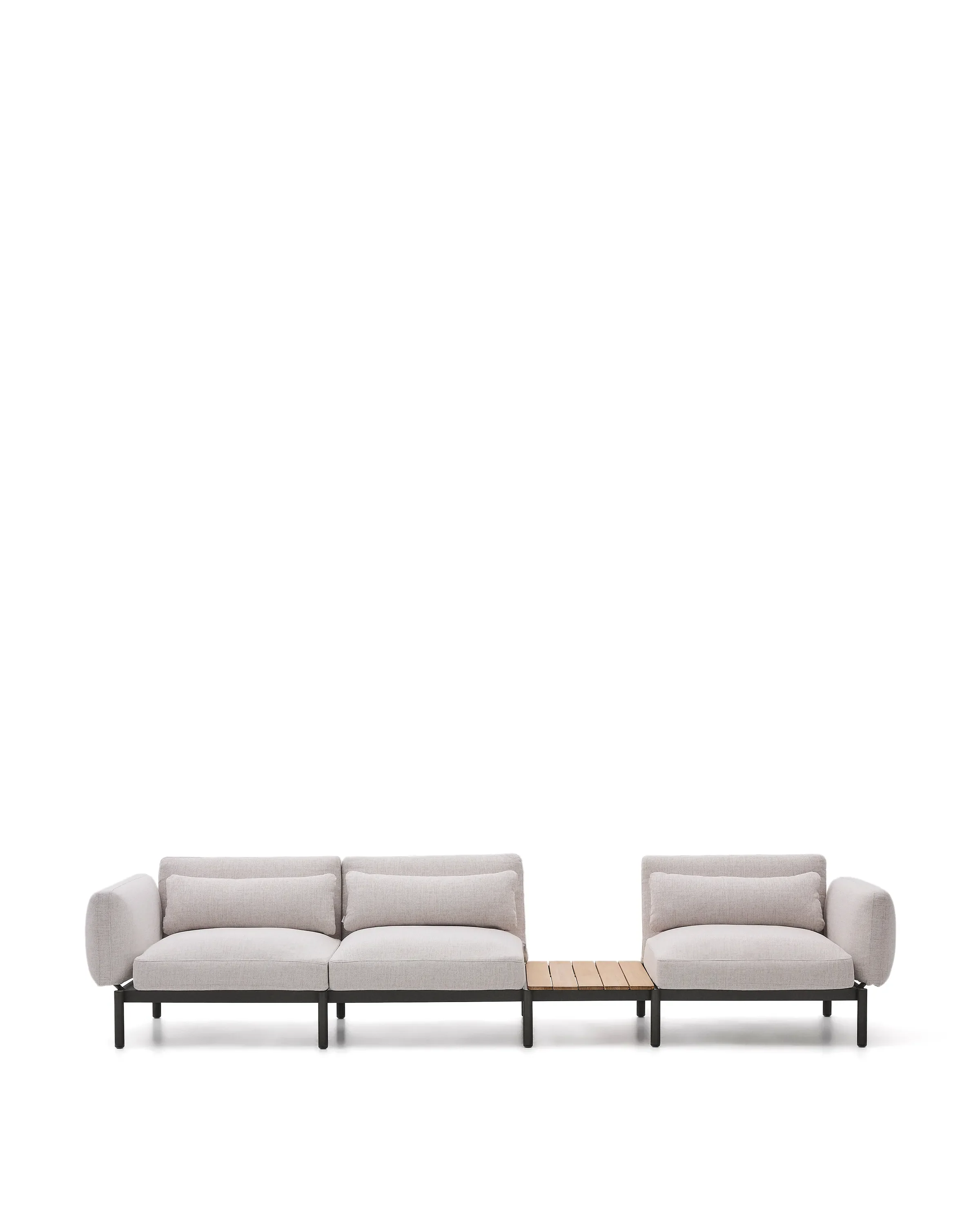 Modulares Outdoor-Sofa Sorells mit 3 Sitzplätzen mit beigefarbener Polsterung und grauem Aluminium, mit Tisch aus Teakholz, 341 x 113 cm, FSC 100 %