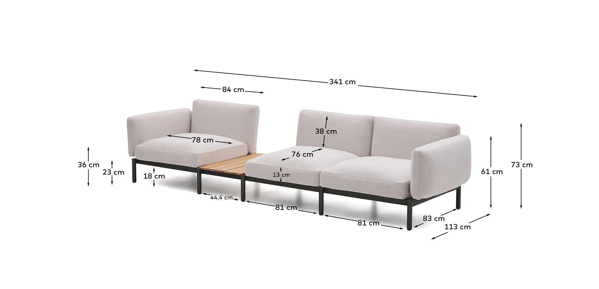 Modulares Outdoor-Sofa Sorells mit 3 Sitzplätzen mit beigefarbener Polsterung und grauem Aluminium, mit Tisch aus Teakholz, 341 x 113 cm, FSC 100 % - Image 7