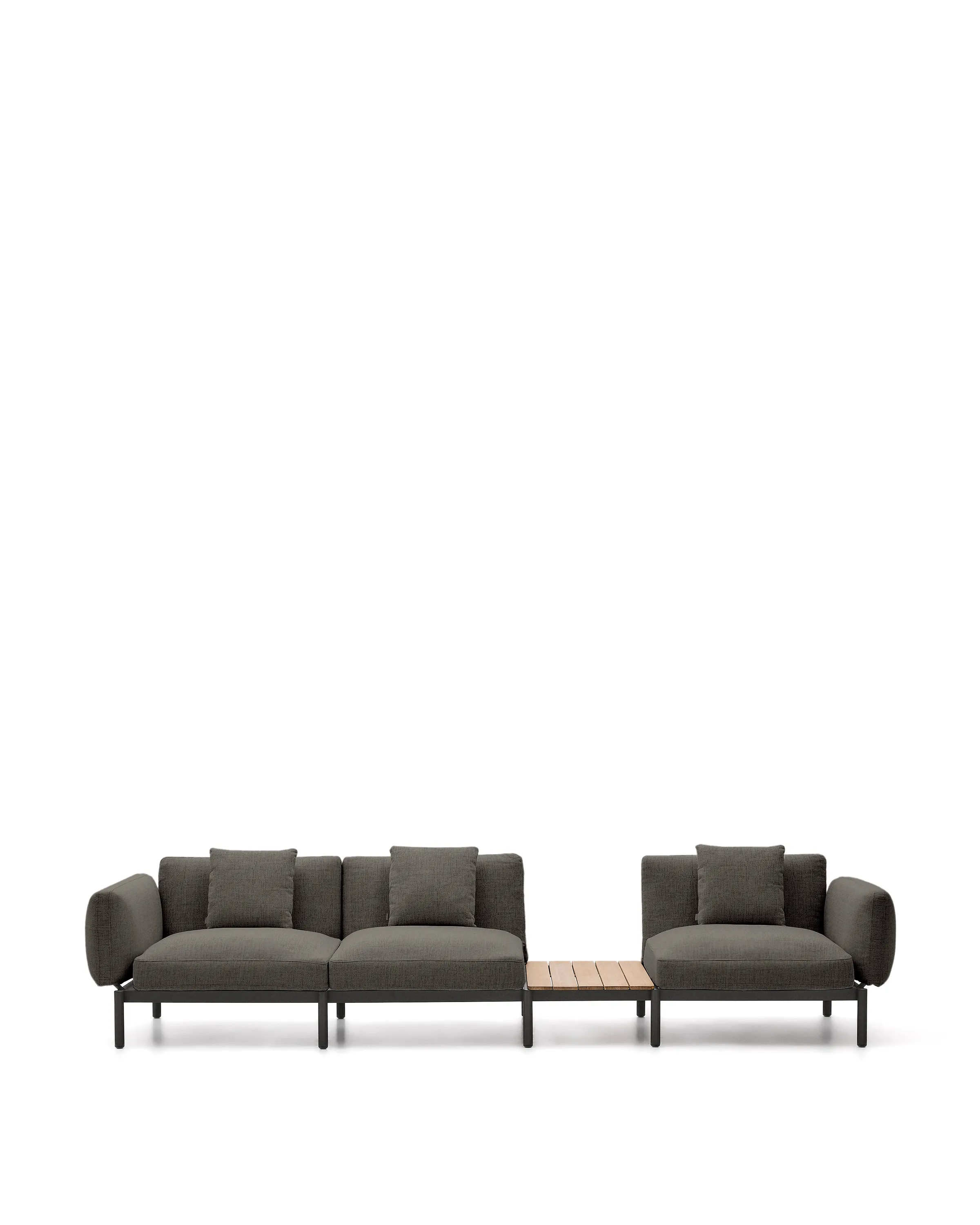 Modulares Outdoor-Sofa Sorells mit 3 Sitzplätzen mit grauer Polsterung und grauem Aluminium, mit Tisch aus Teakholz, 341 x 113 cm, FSC 100 %