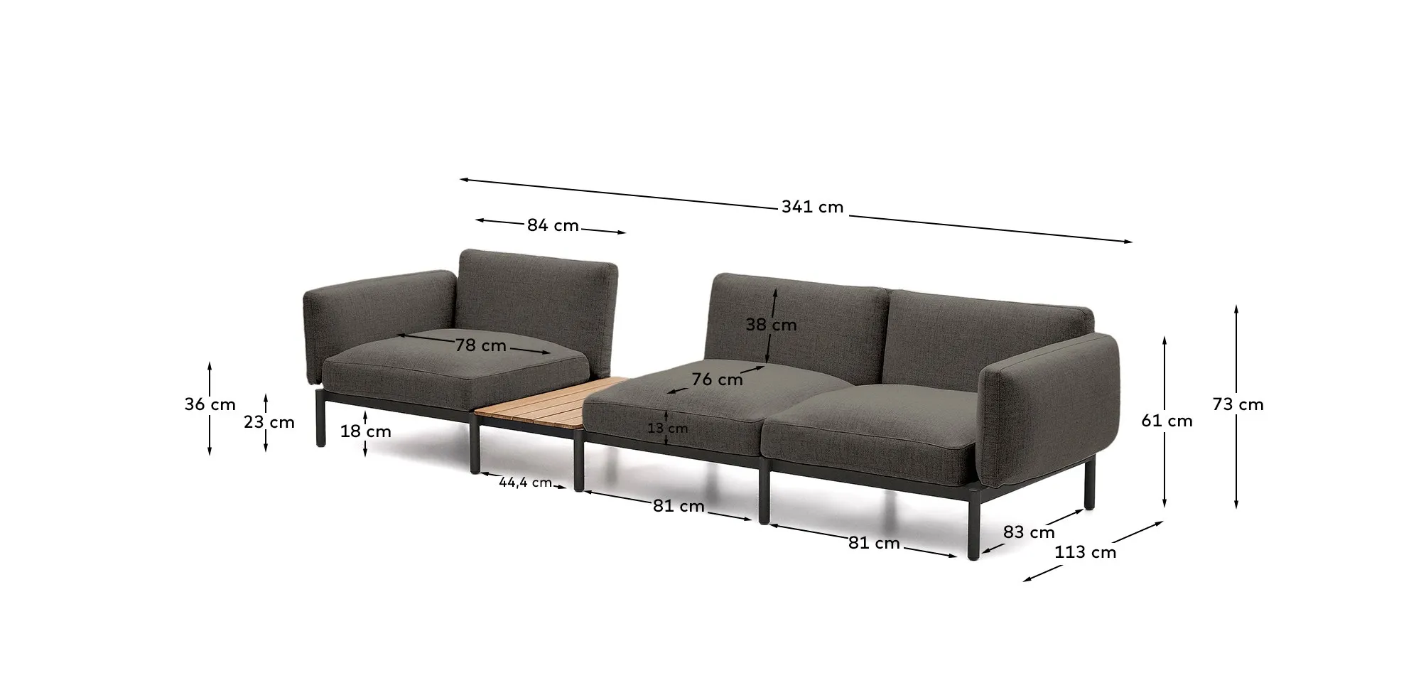 Modulares Outdoor-Sofa Sorells mit 3 Sitzplätzen mit grauer Polsterung und grauem Aluminium, mit Tisch aus Teakholz, 341 x 113 cm, FSC 100 % - Image 7
