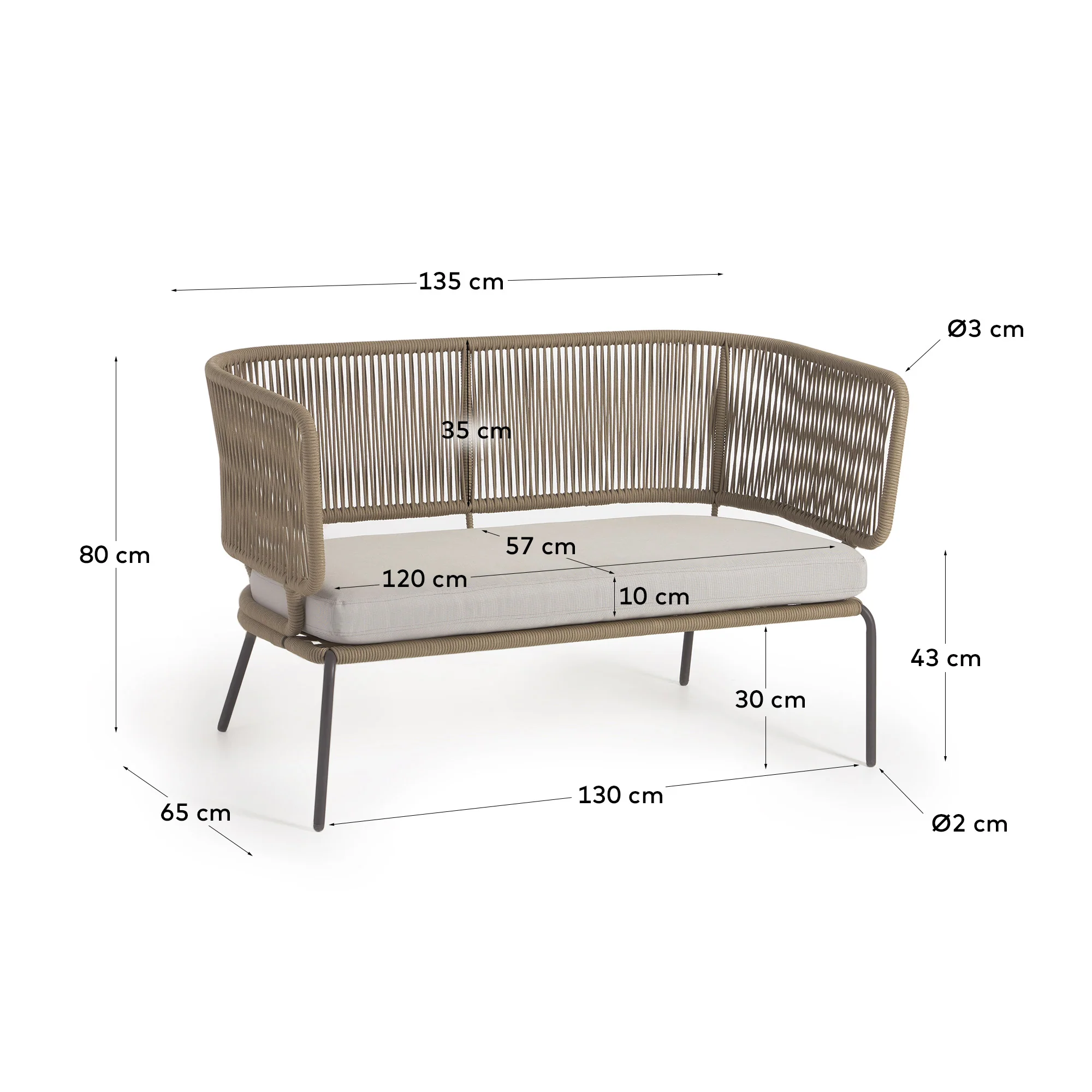 Nadin 2-Sitzer Sofa aus beigefarbenem Seil und Beinen aus verzinktem Stahl 135 cm - Image 4