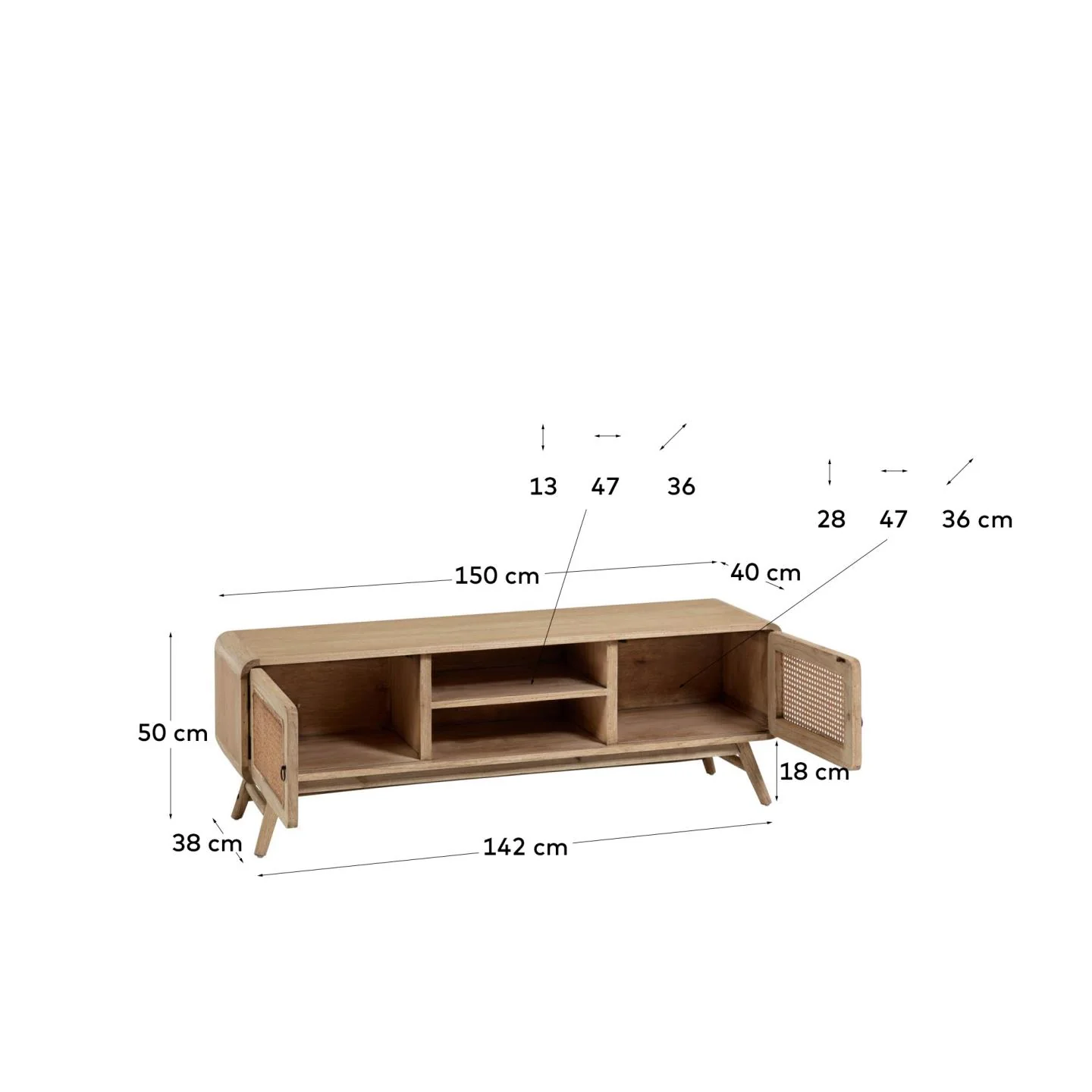 Nalu TV-Schrank 2 Türen aus massivem Mindiholz und Rattan 150 x 50 cm - Image 9