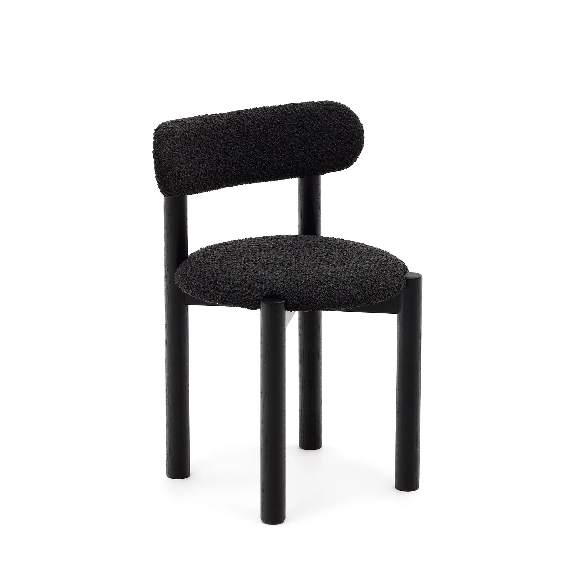 Nebai Stuhl aus schwarzem Bouclé und massivem Eichenholz mit schwarzem Finish