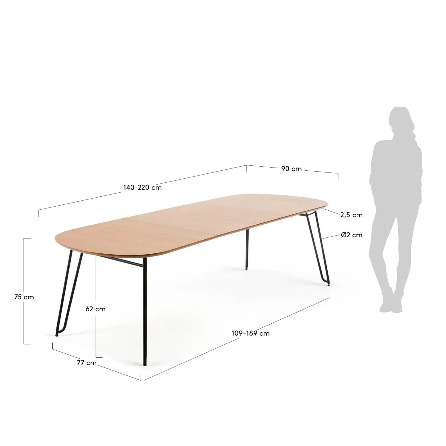 Novac ausziehbarer Tisch 140 (220) x 90 cm mit Eichenfurnier und schwarzen Stahlbeinen - Image 8