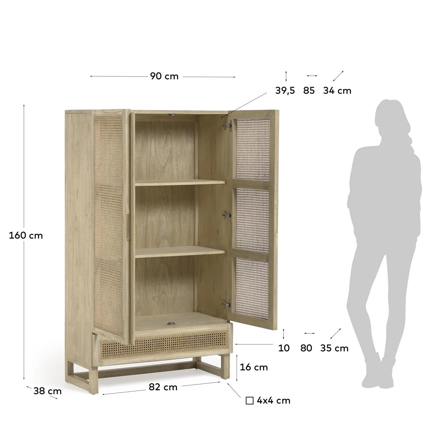 Rexit Schrank aus massivem Holz und Mindi Furnier mit Rattan 90 x 160 cm - Image 4