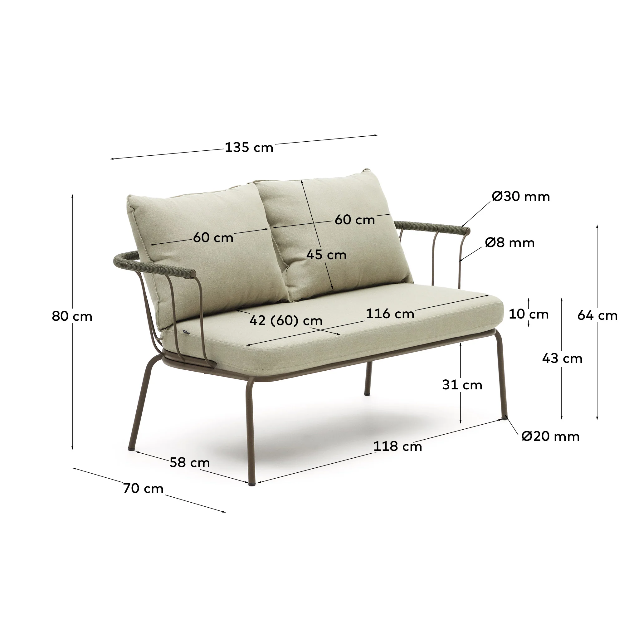 Salguer 2-Sitzer-Sofa aus grünem Seil und Stahl in Braun 134 cm - Image 4