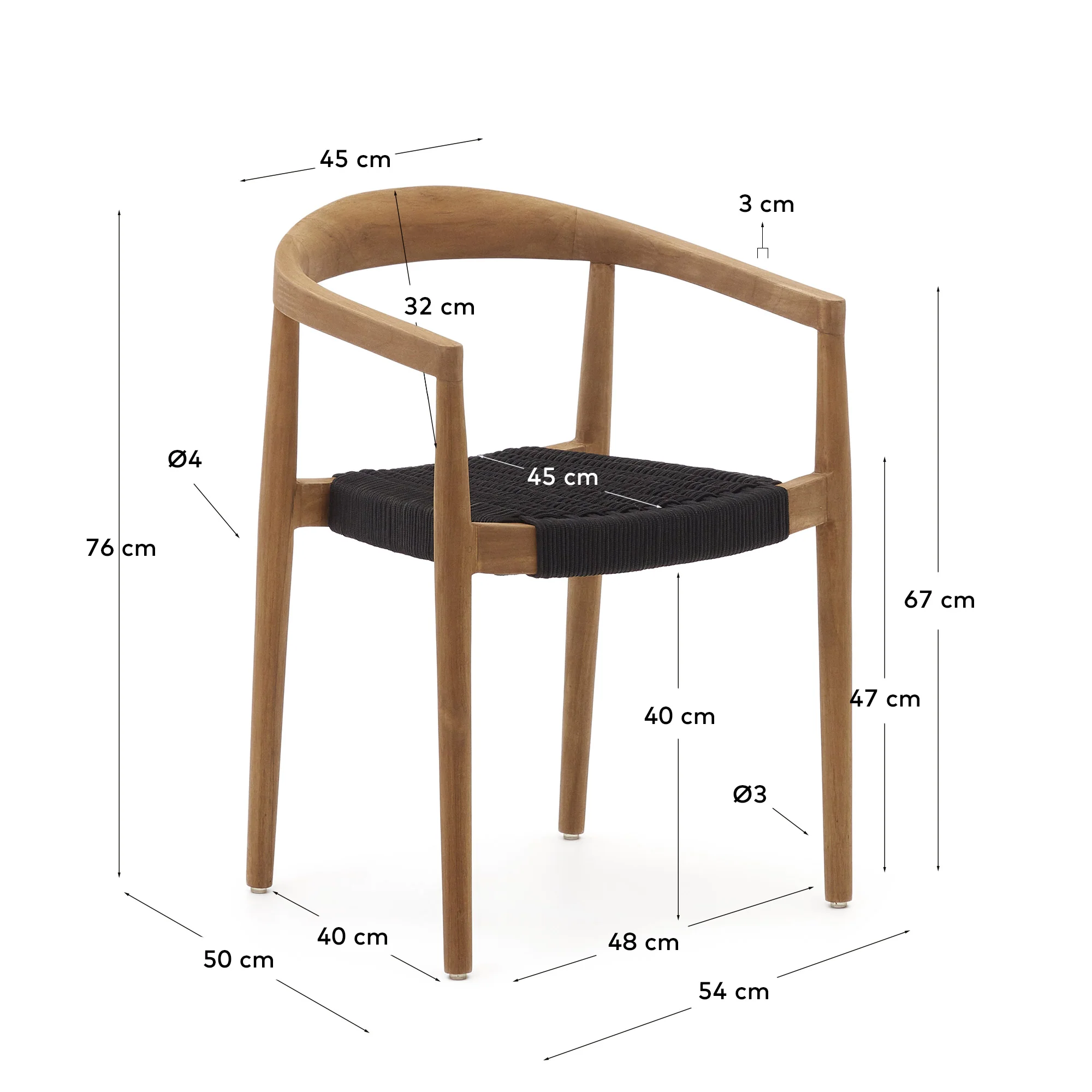 Ydalia stapelbarer Outdoor-Stuhl aus massivem Teakholz natürliches Finish schwarzes Seil - Image 4