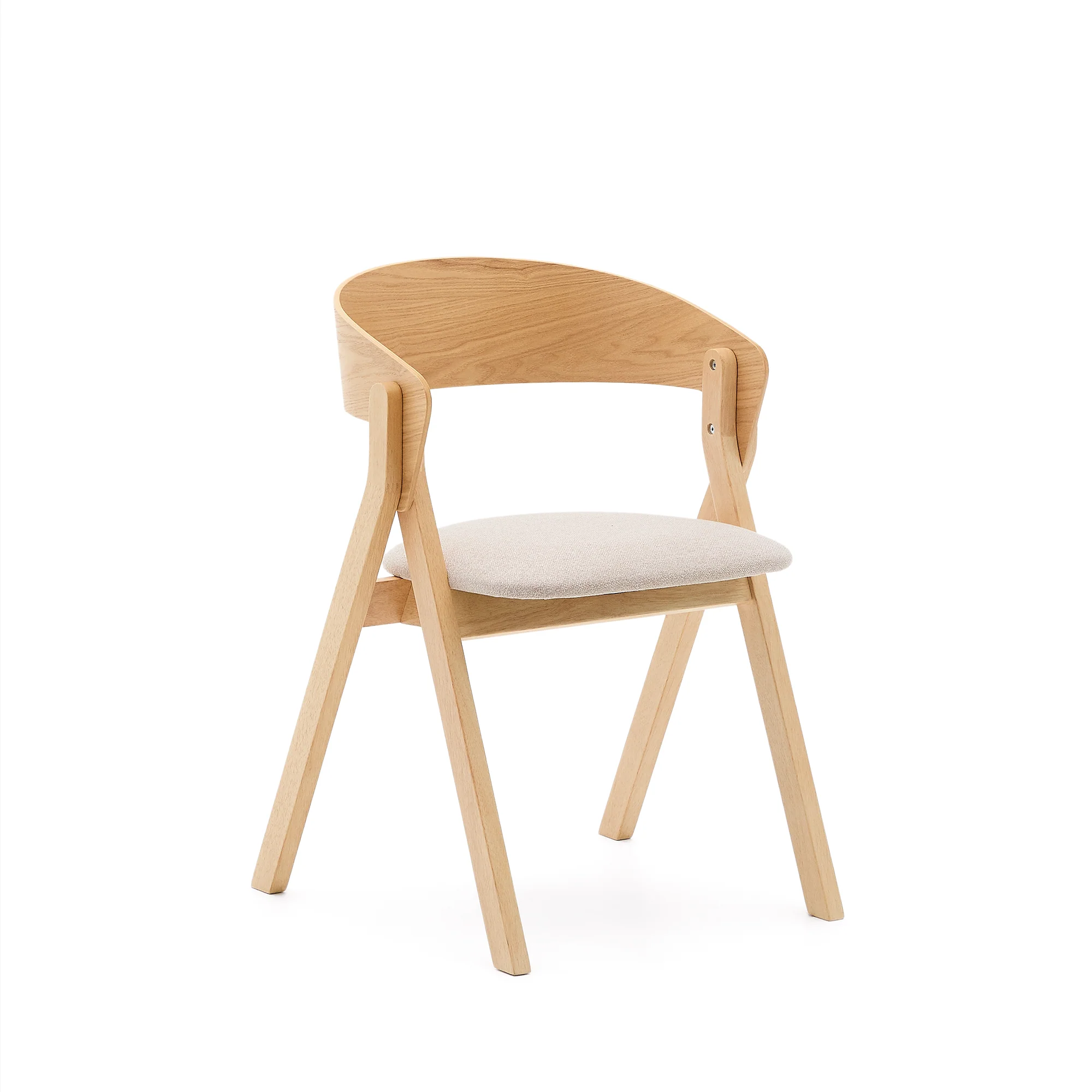 Stuhl Godia aus Eschefurnier und massivem Kautschukholz mit naturfarbenem Finish und beigefarbener Chenille