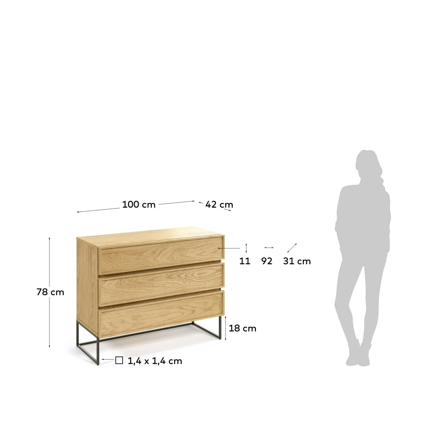 Taiana Kommode mit 3 Schubladen mit Eichenfurnier und schwarzer Stahlstruktur 100 x 78 cm - Image 4