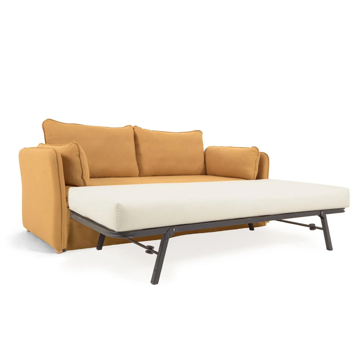 Tanit Schlafsofa senffarben und Beine aus massivem Buchenholz natürliches Finish 210 cm - Image 2