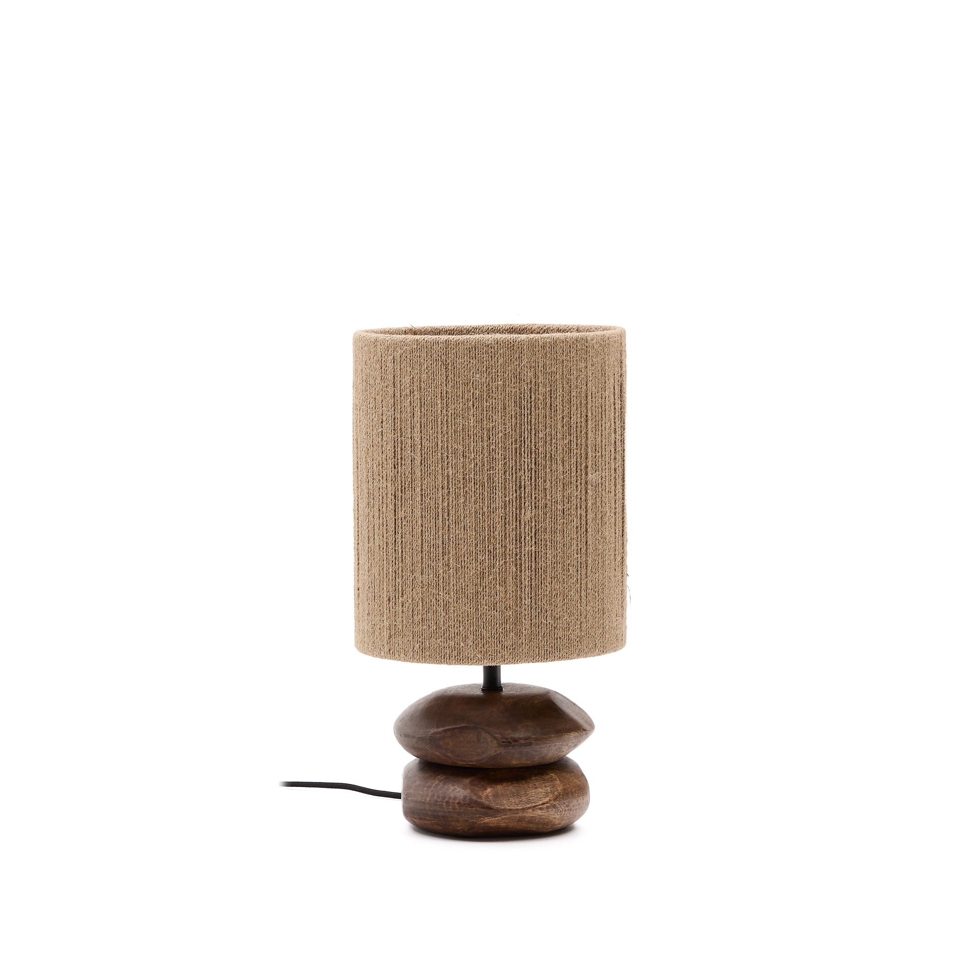 Tischleuchte Kor aus Akazienholz mit dunklem Finish und Jute