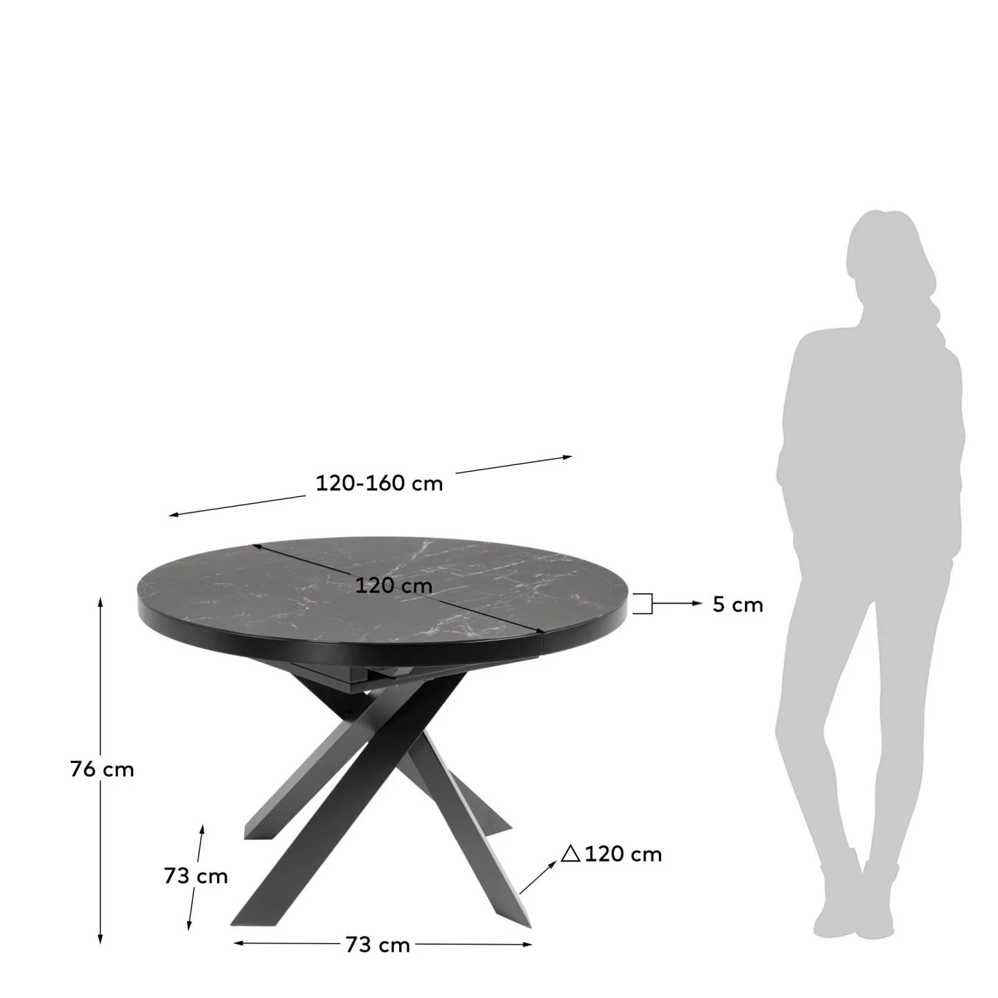 Vashti Ausziehtisch Feinsteinzeugplatte Schwarz Ø 120 x 120 oder 160 cm - Image 4