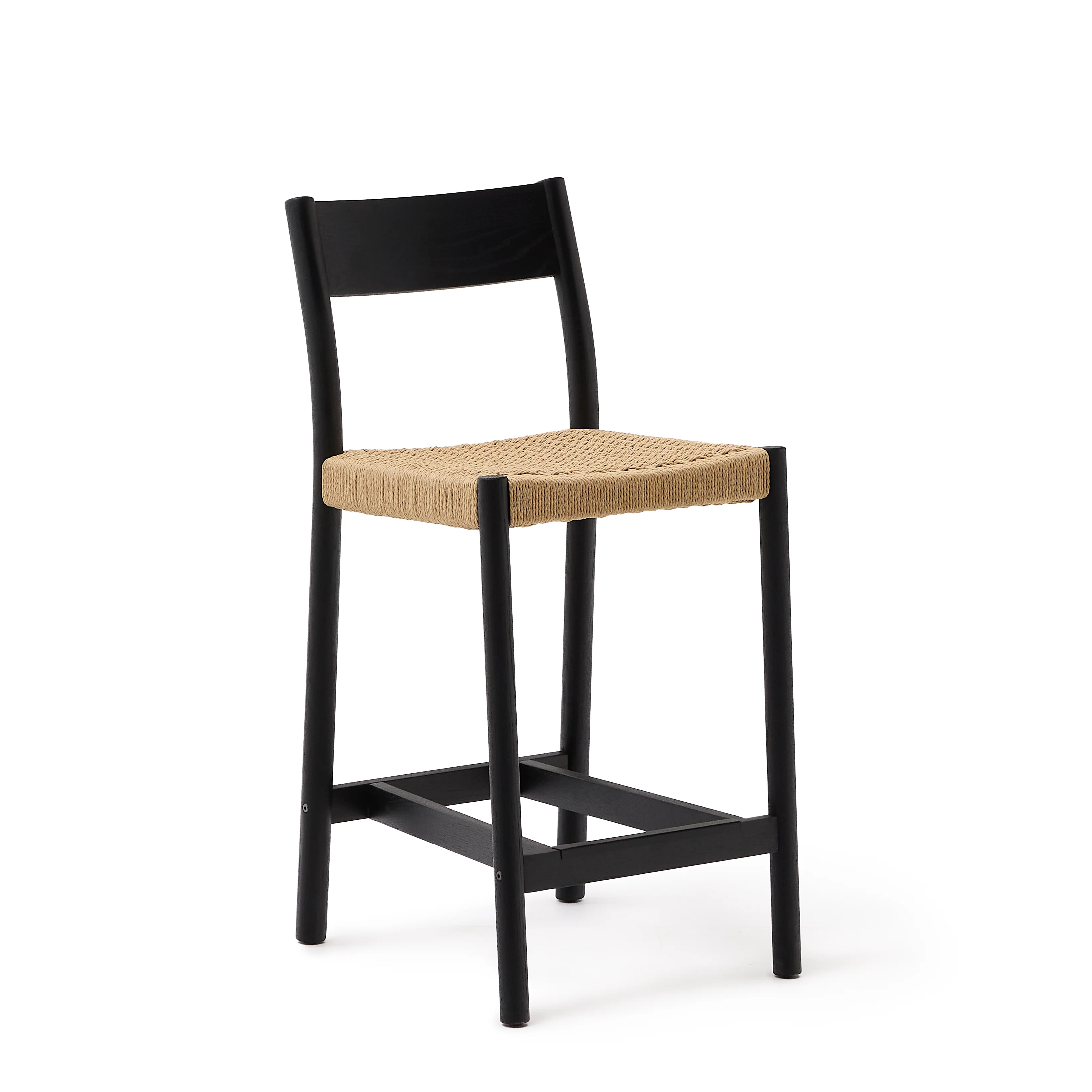 Yalia Barhocker Rückenlehne massives Eichenholz mit schwarzem Finish und Seilsitzfläche 65 cm FSC 100% - Image 2