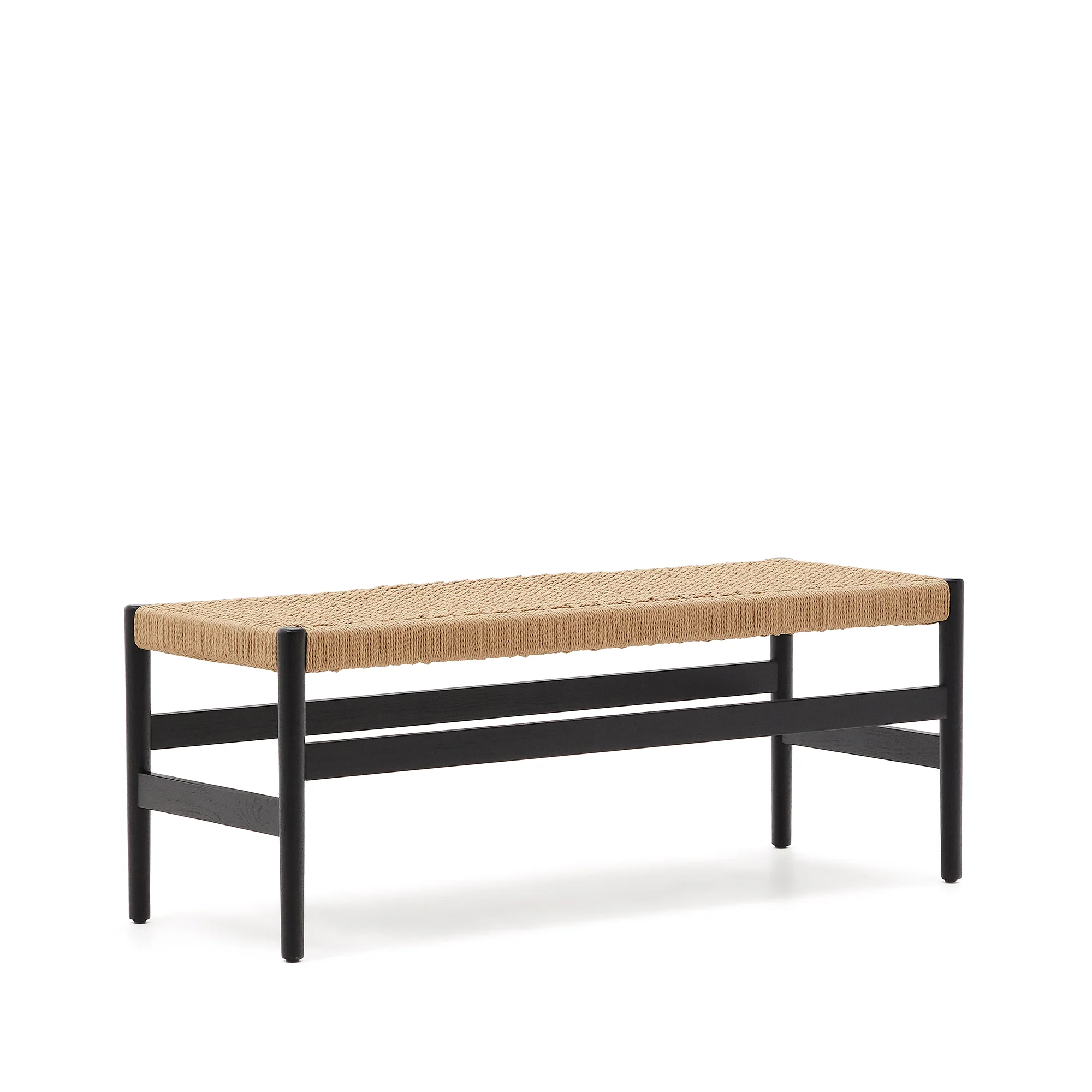 Zaide Bank aus massivem Eichenholz mit schwarzem Finish und Seilsitzfläche FSC 100% 120 cm