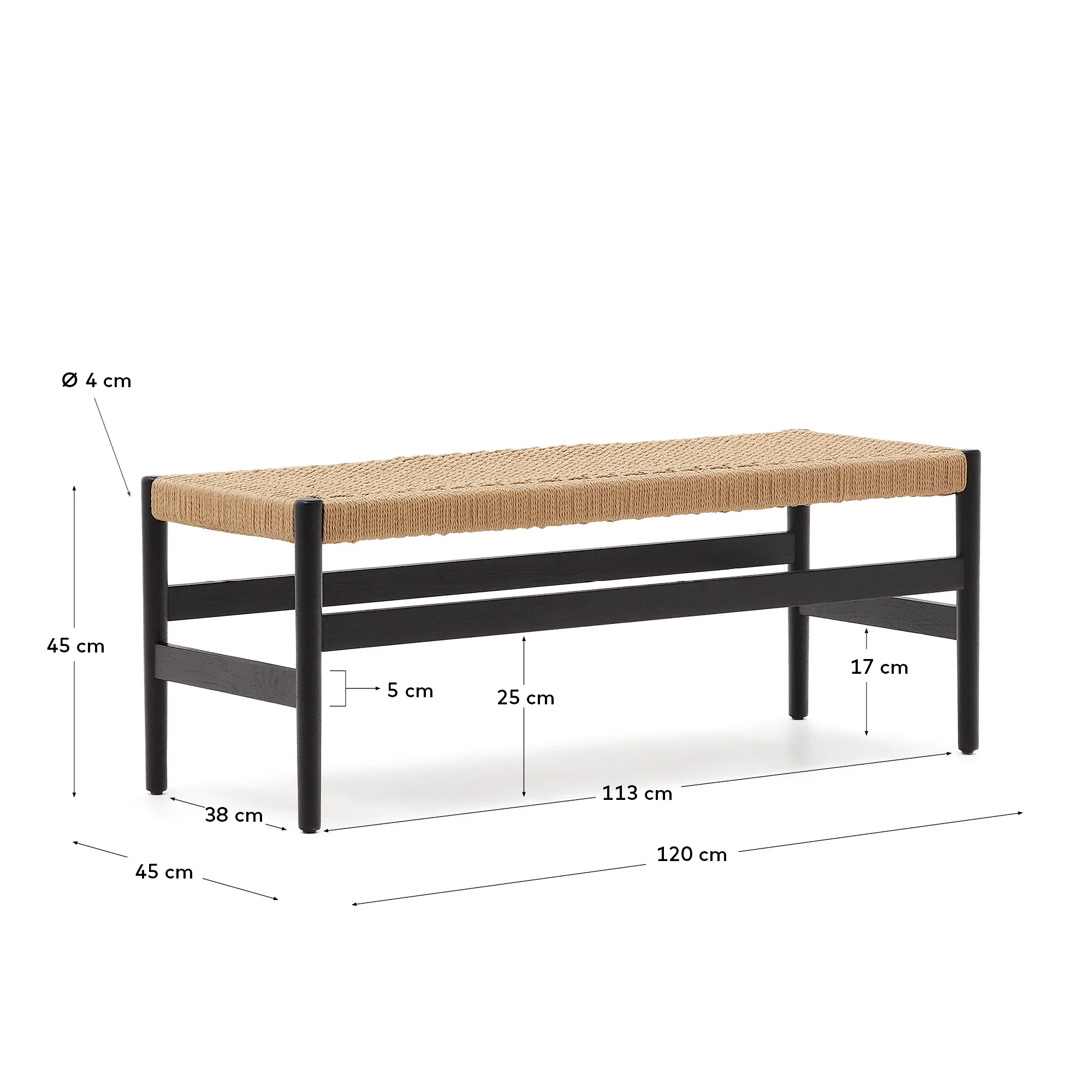 Zaide Bank aus massivem Eichenholz mit schwarzem Finish und Seilsitzfläche FSC 100% 120 cm - Image 3