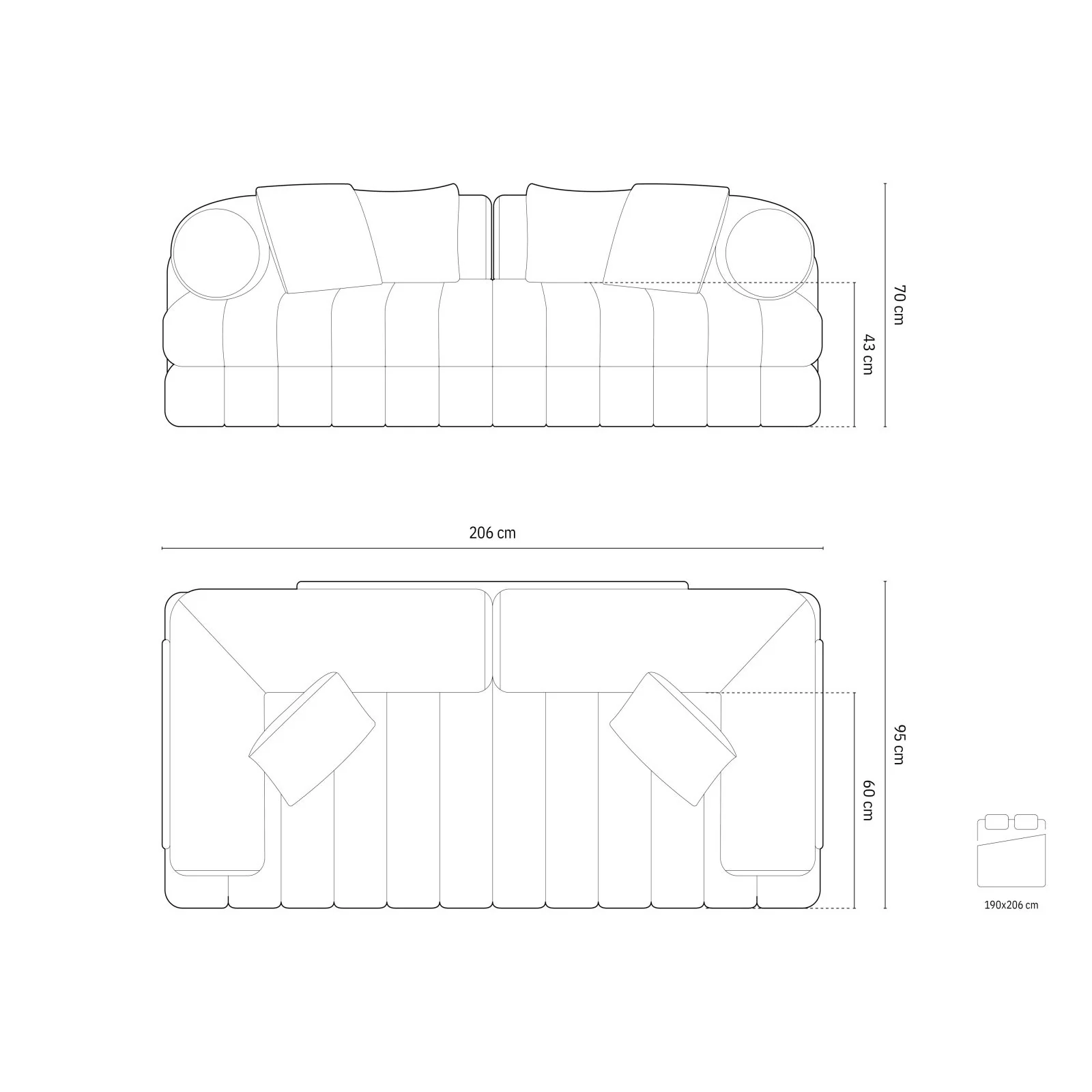 Kemi 3-Sitzer Sofa aus Samt, Boucle oder Chenille, 206x95x70 cm - Image 31